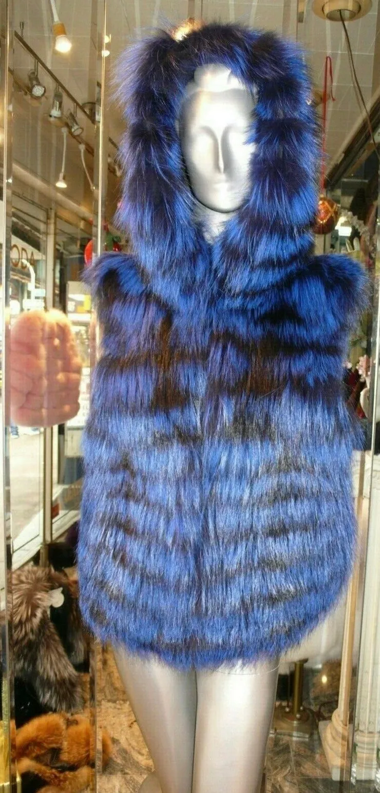 Rare and Gorgeous Shade Fox Fur Vest with Hood Royal Blue