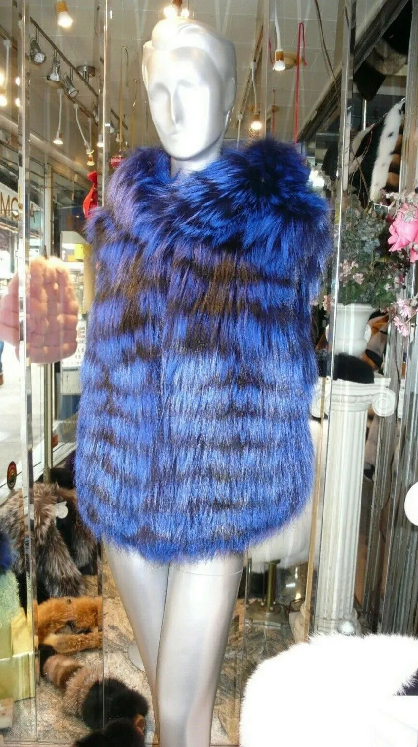 Rare and Gorgeous Shade Fox Fur Vest with Hood Royal Blue