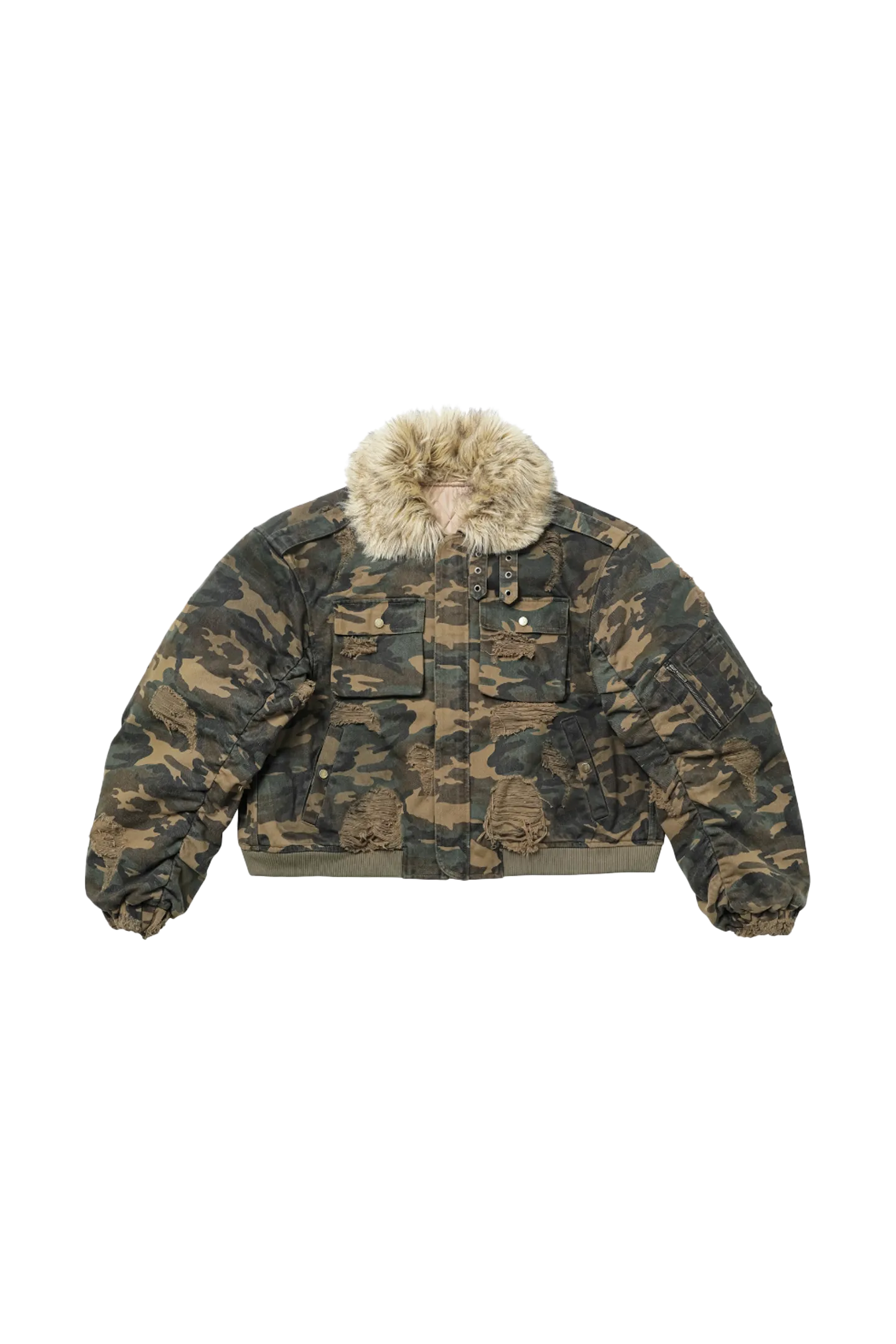 REGEN ZONE Lord of War Washed Camouflage Detachable Fur Collar Flight Jacket