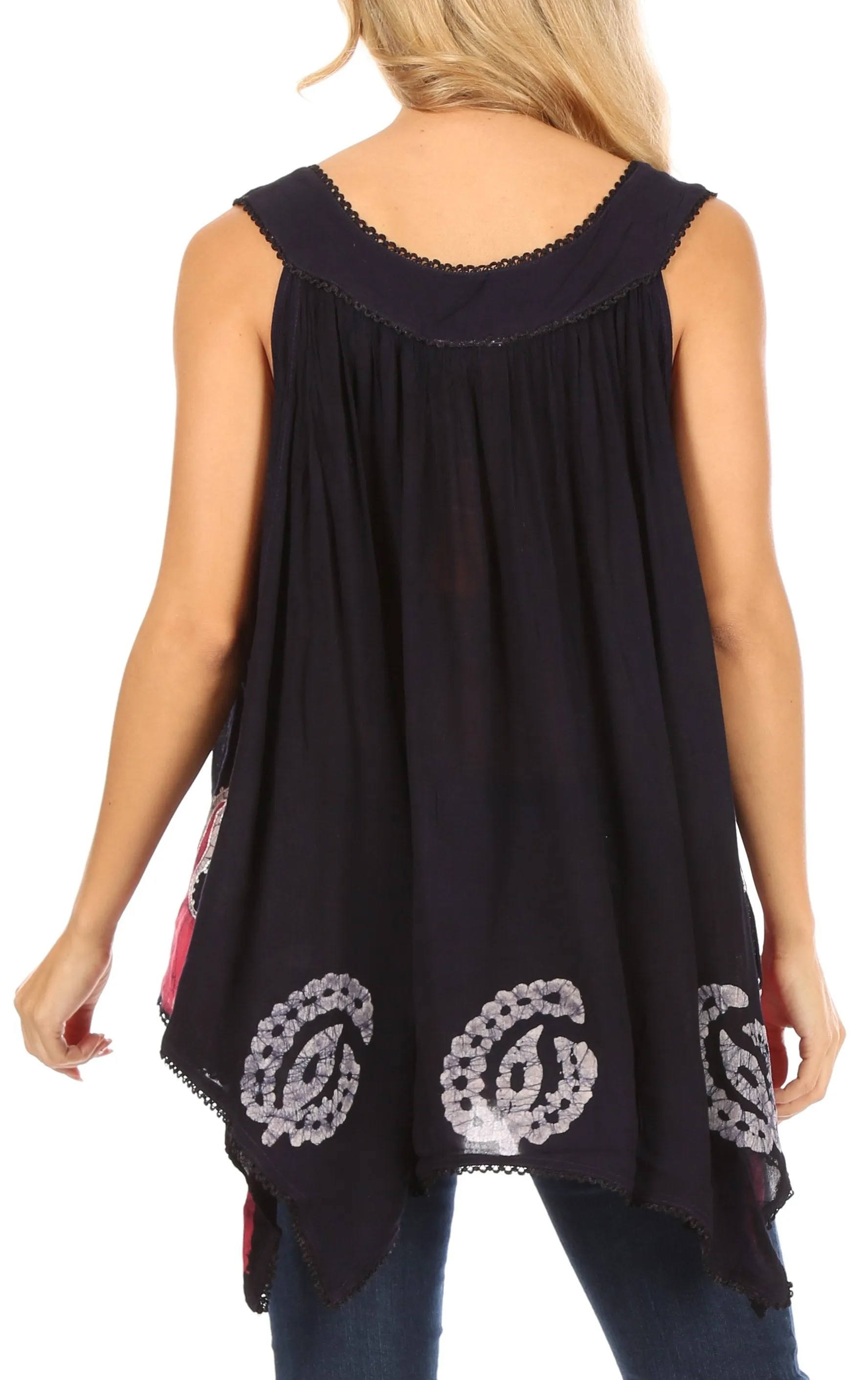 Sakkas Gaia V-neck Sleeveless Tank Top with Embroidery and Handkerchief Hem