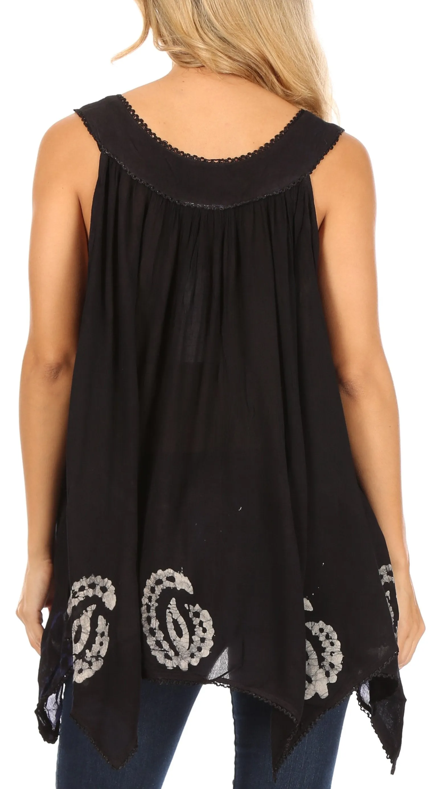 Sakkas Gaia V-neck Sleeveless Tank Top with Embroidery and Handkerchief Hem