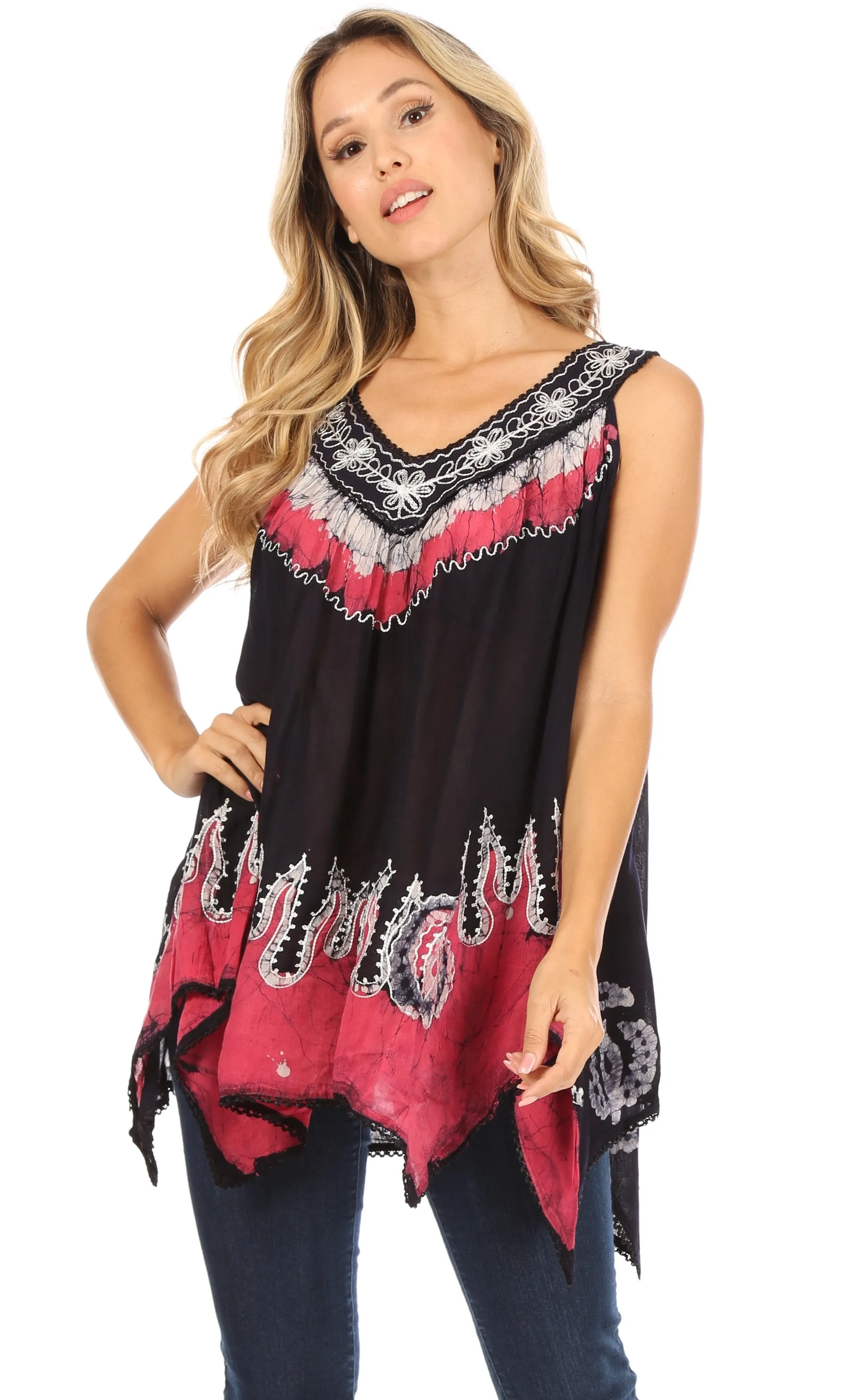 Sakkas Gaia V-neck Sleeveless Tank Top with Embroidery and Handkerchief Hem