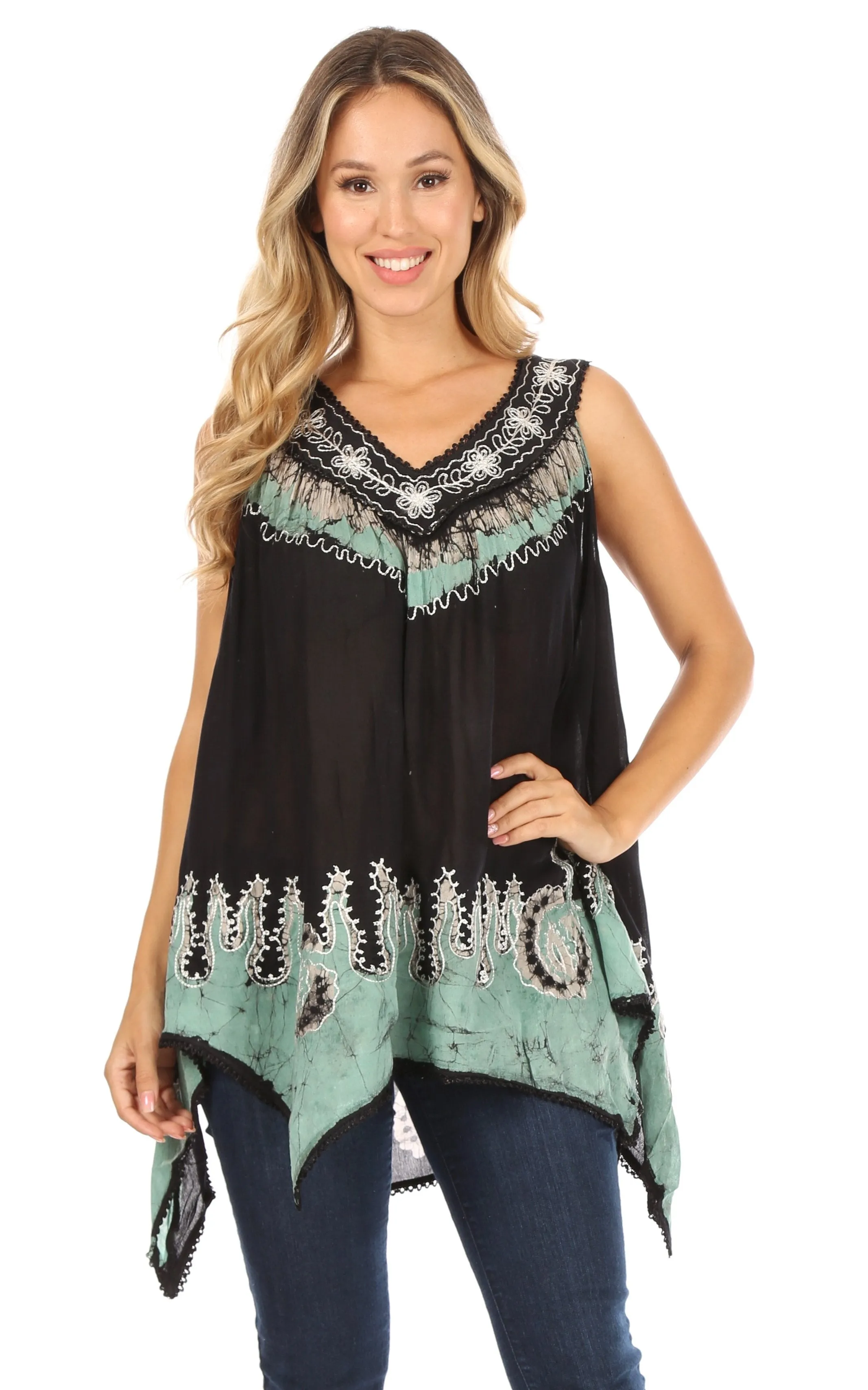 Sakkas Gaia V-neck Sleeveless Tank Top with Embroidery and Handkerchief Hem