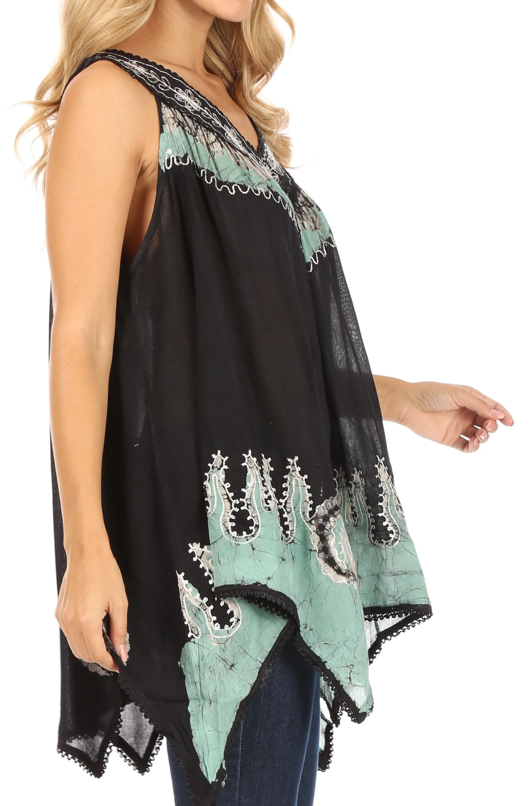 Sakkas Gaia V-neck Sleeveless Tank Top with Embroidery and Handkerchief Hem