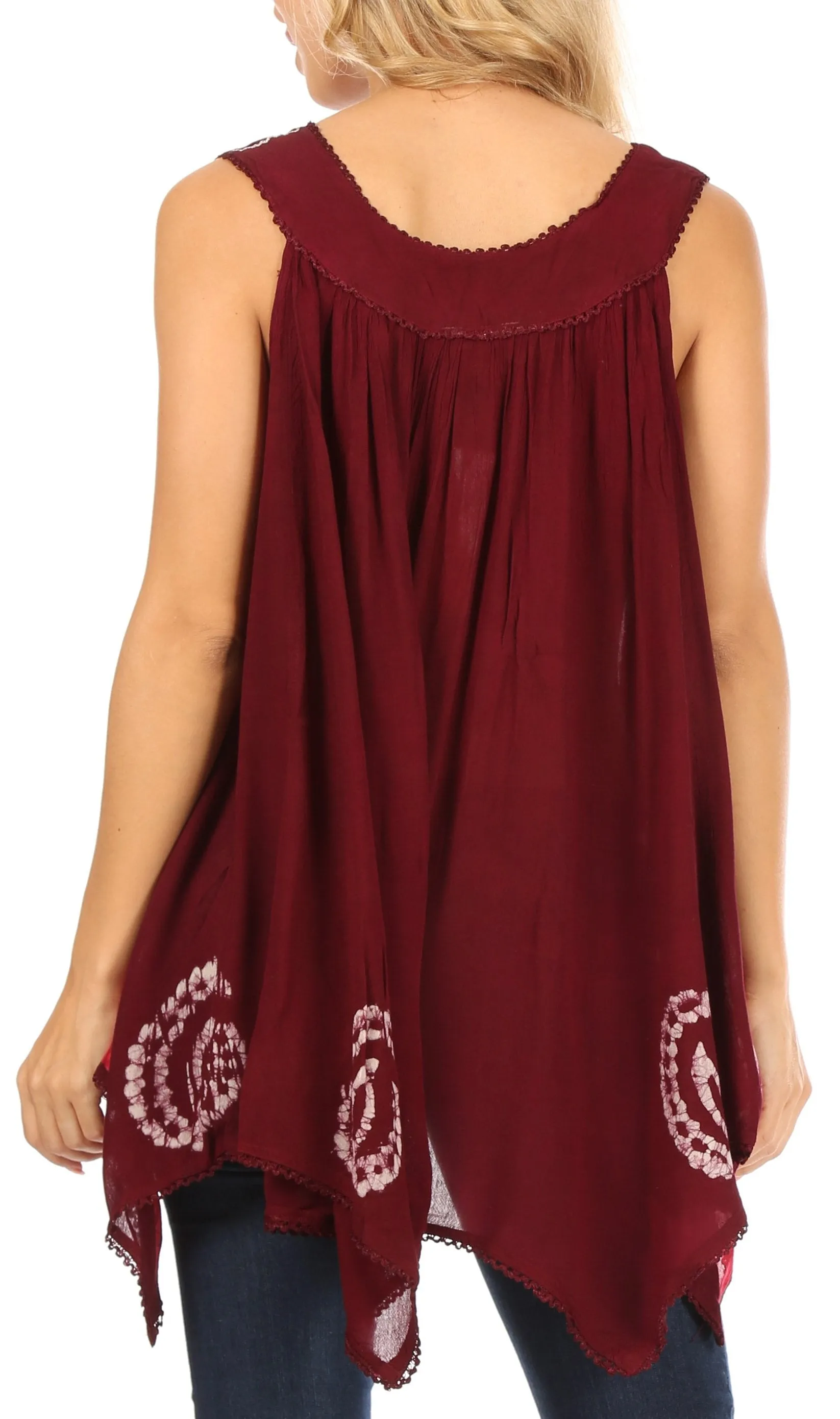 Sakkas Gaia V-neck Sleeveless Tank Top with Embroidery and Handkerchief Hem