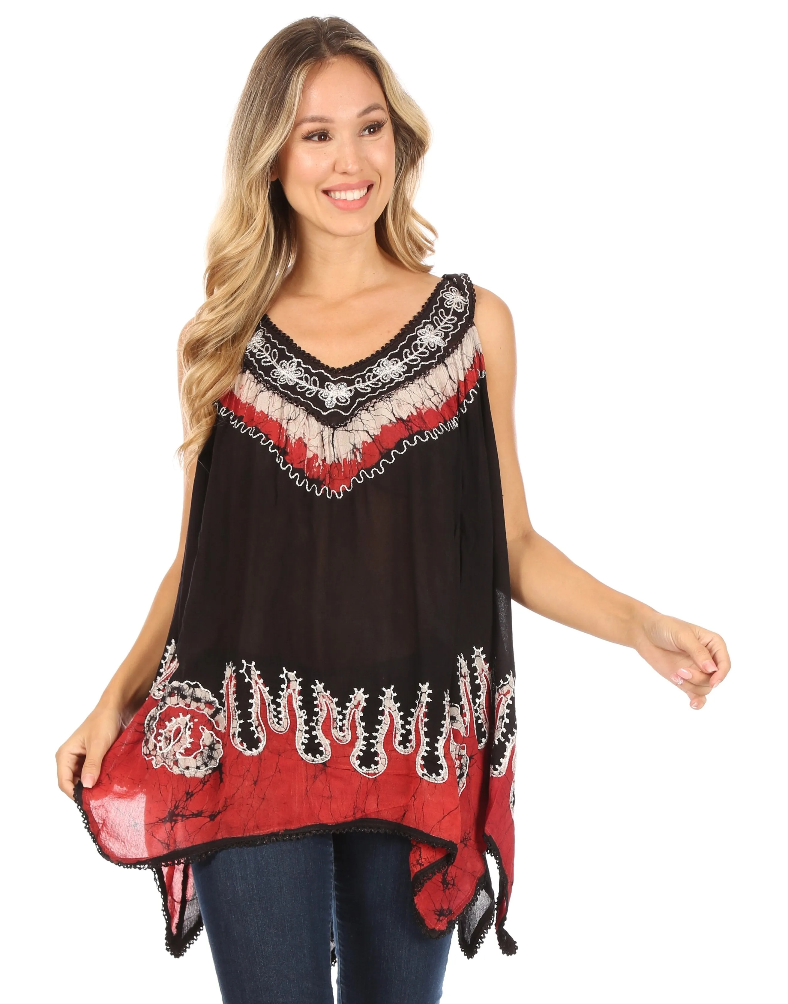 Sakkas Gaia V-neck Sleeveless Tank Top with Embroidery and Handkerchief Hem