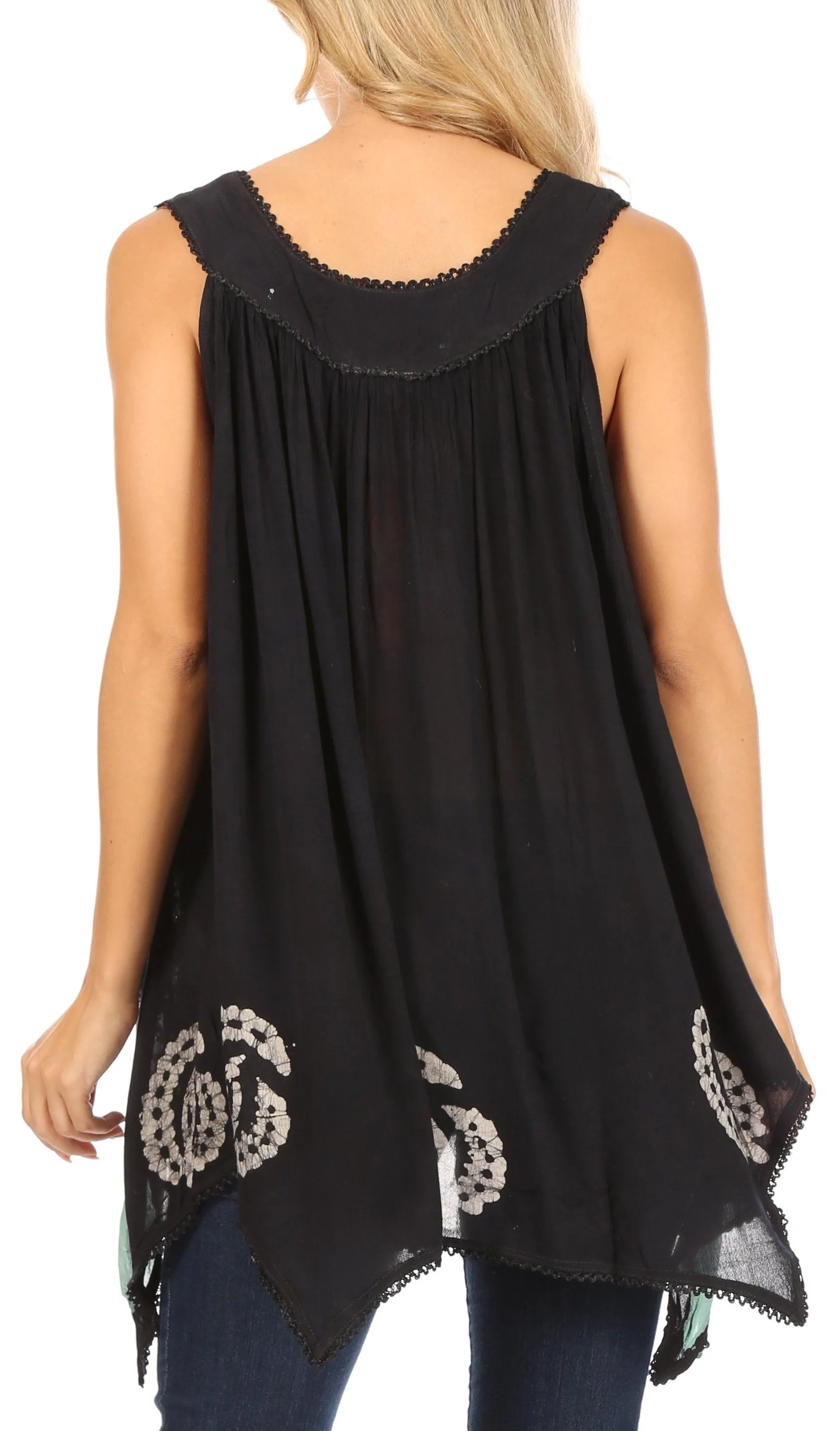 Sakkas Gaia V-neck Sleeveless Tank Top with Embroidery and Handkerchief Hem