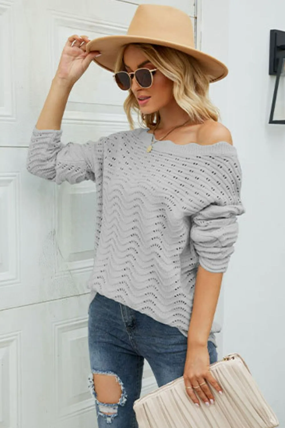 Scalloped Boat Neck Openwork Tunic Sweater