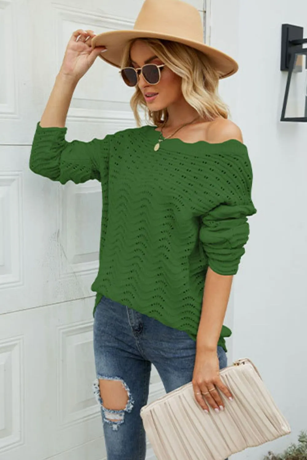 Scalloped Boat Neck Openwork Tunic Sweater