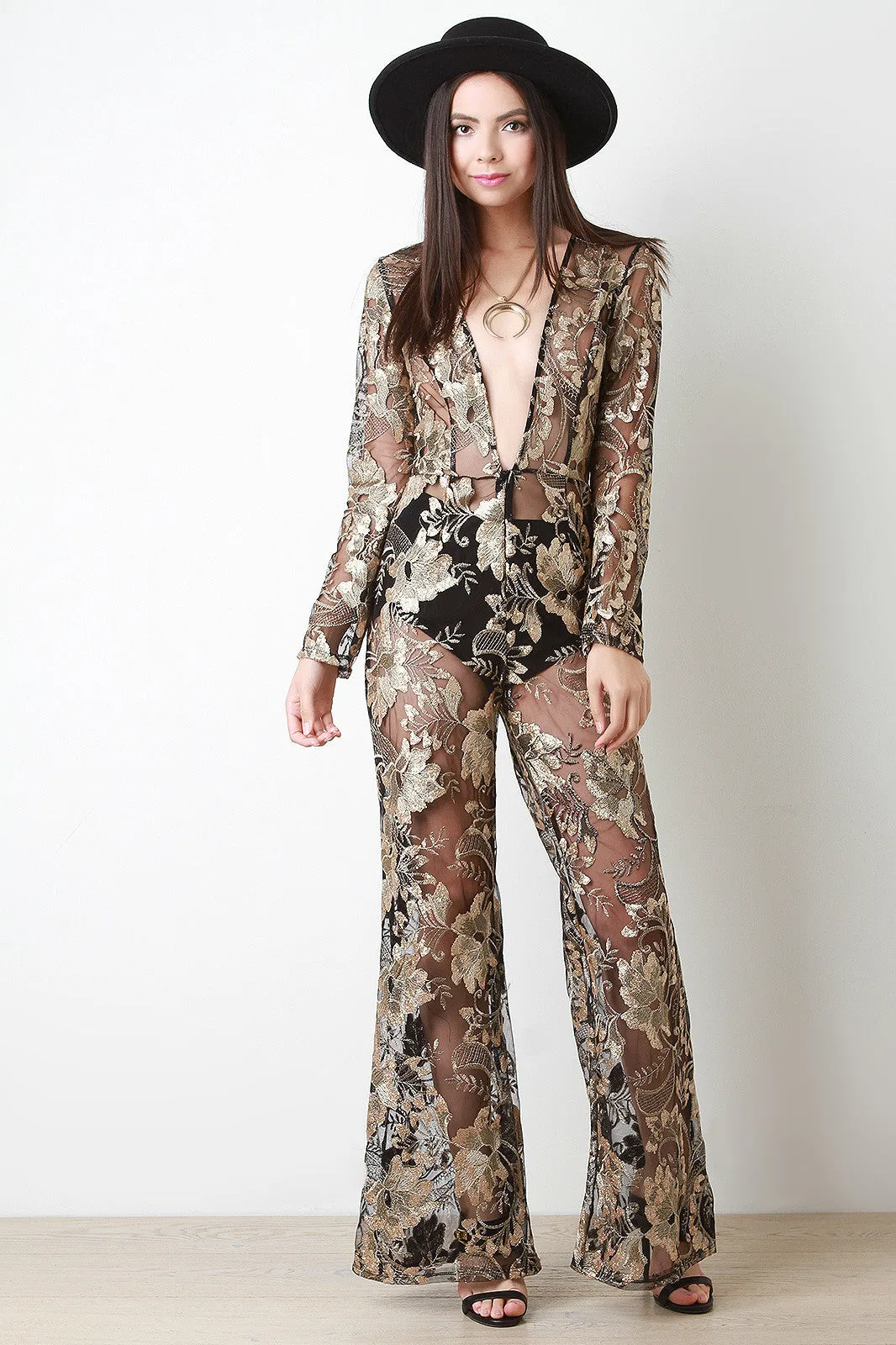 Semi-Sheer Metallic Floral Lace Jumpsuit