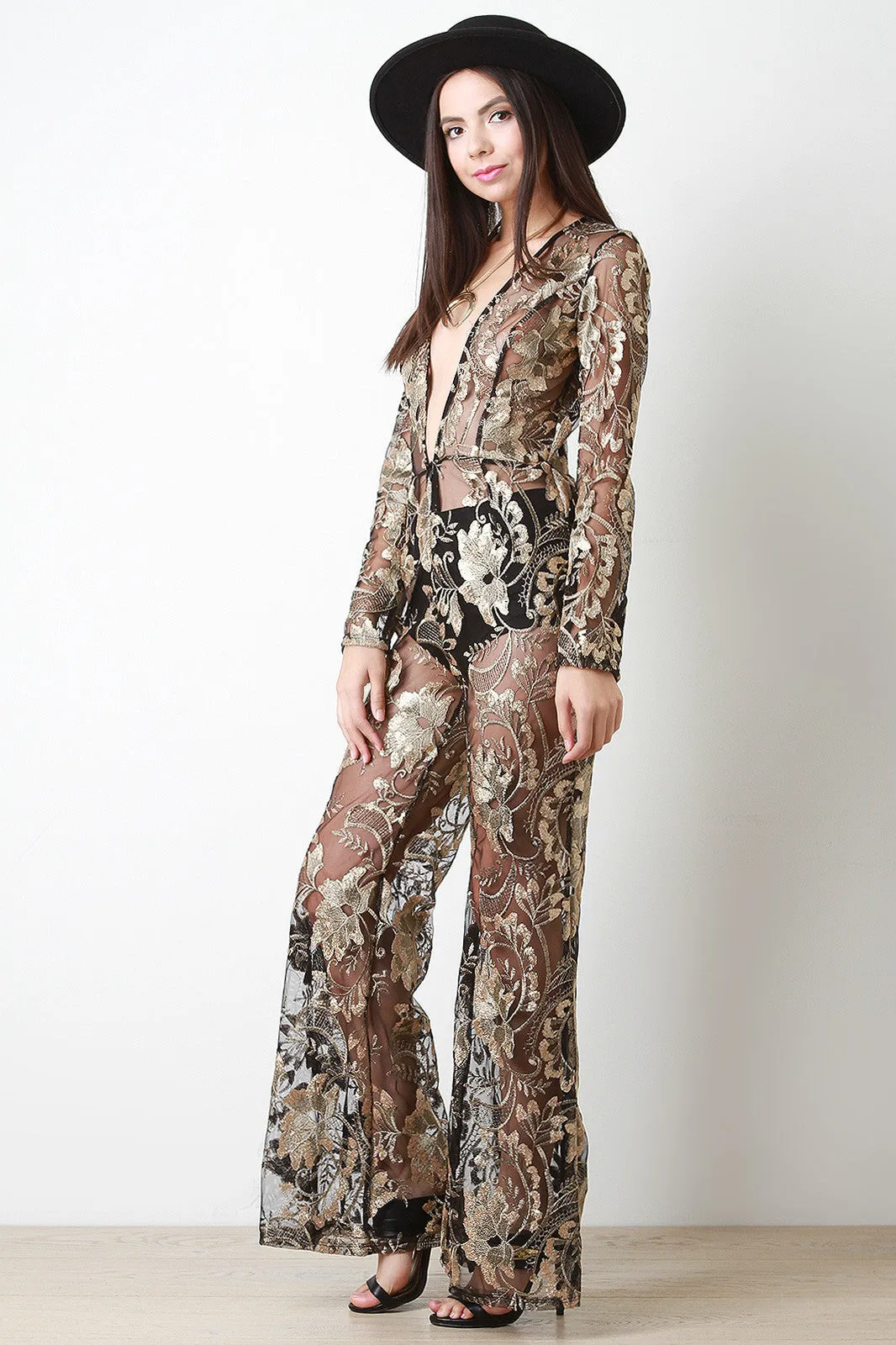 Semi-Sheer Metallic Floral Lace Jumpsuit