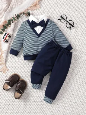 SHEIN Souflis Baby Boy Striped Bow Front 2 In 1 Sweatshirt & Sweatpants