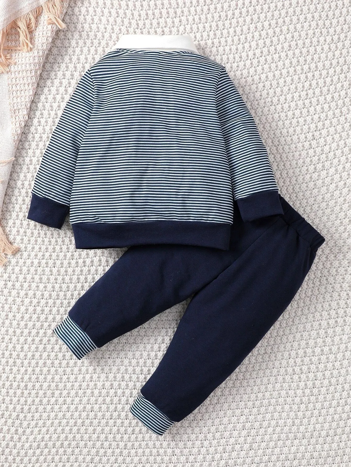 SHEIN Souflis Baby Boy Striped Bow Front 2 In 1 Sweatshirt & Sweatpants