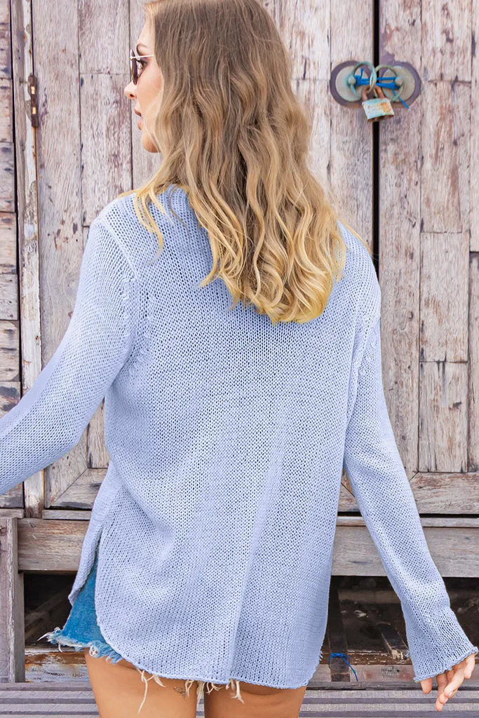 Shirt Tail V Neck Cotton Sweater - Blue Wisp