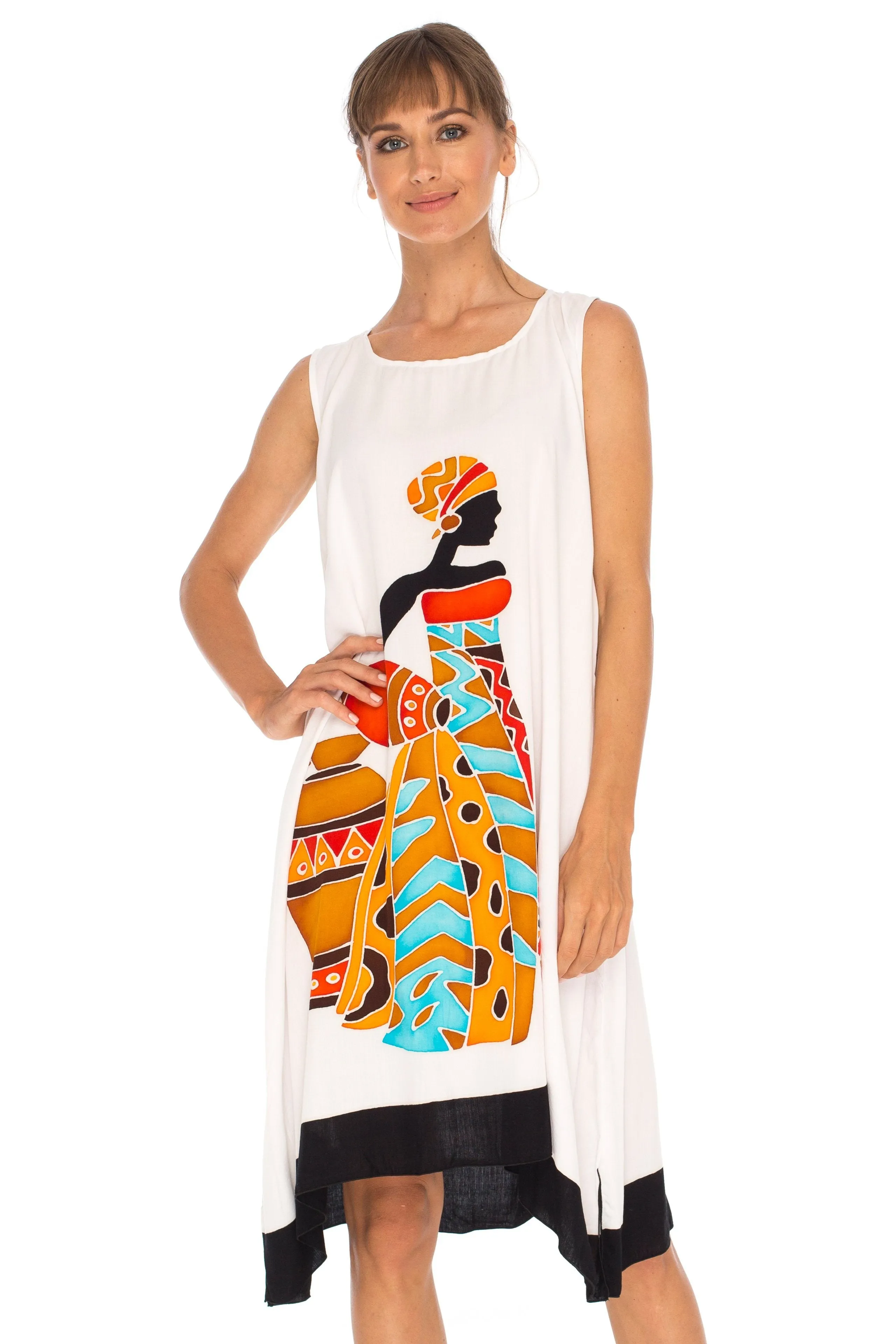 SHU-SHI Women's Poncho Dress | Hand Painted Tribal Design Beach Cover Up  Plus Size Short Swing Dress