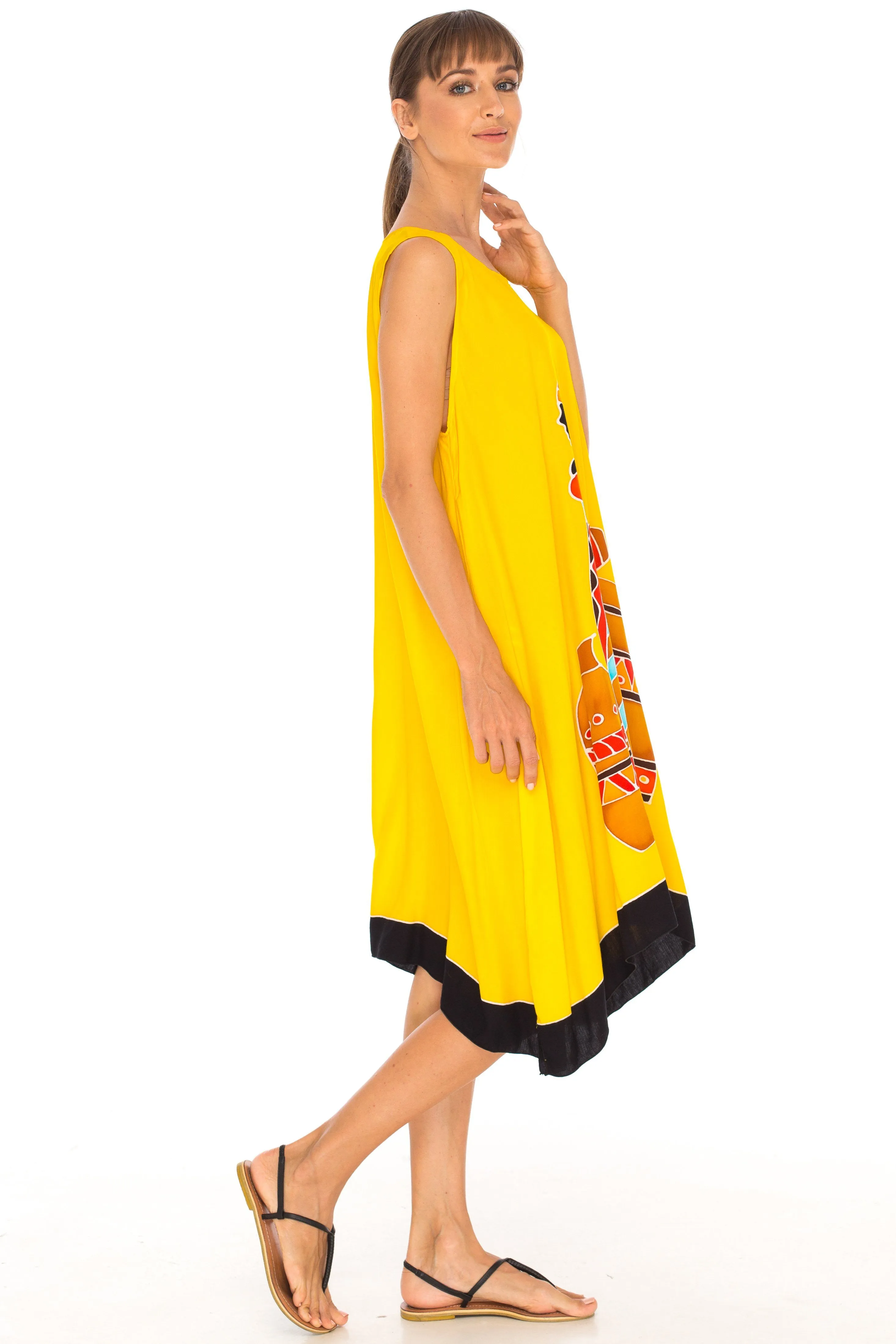 SHU-SHI Women's Poncho Dress | Hand Painted Tribal Design Beach Cover Up  Plus Size Short Swing Dress