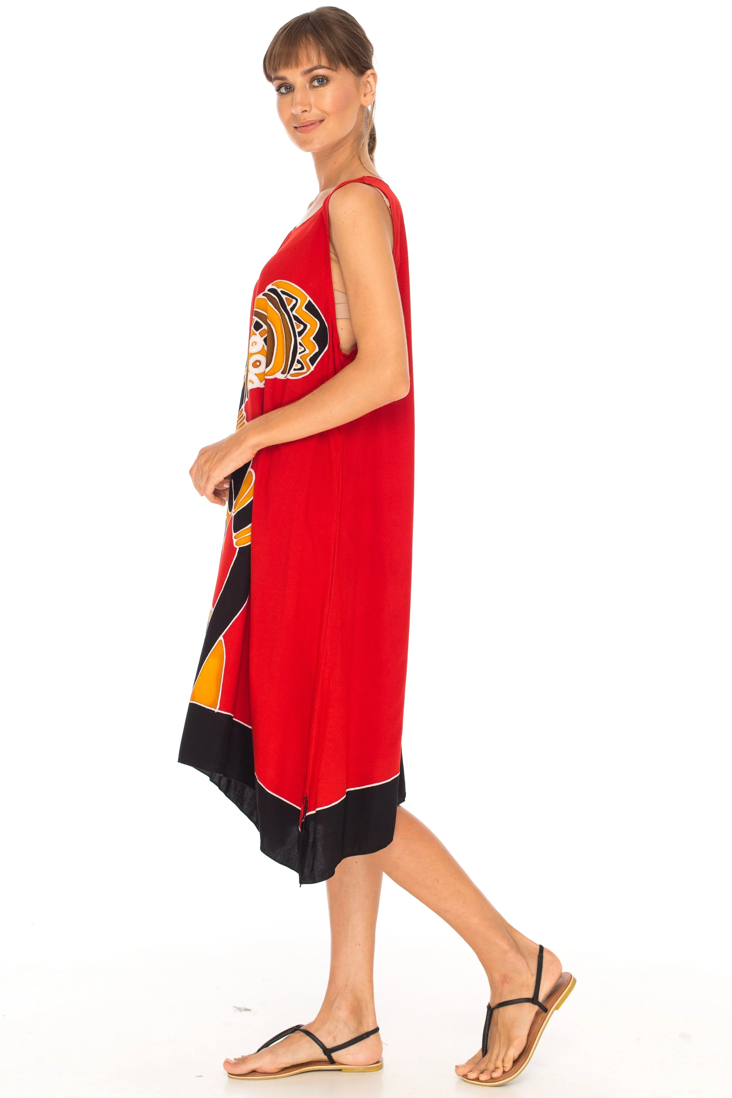 SHU-SHI Women's Poncho Dress | Hand Painted Tribal Design Beach Cover Up  Plus Size Short Swing Dress