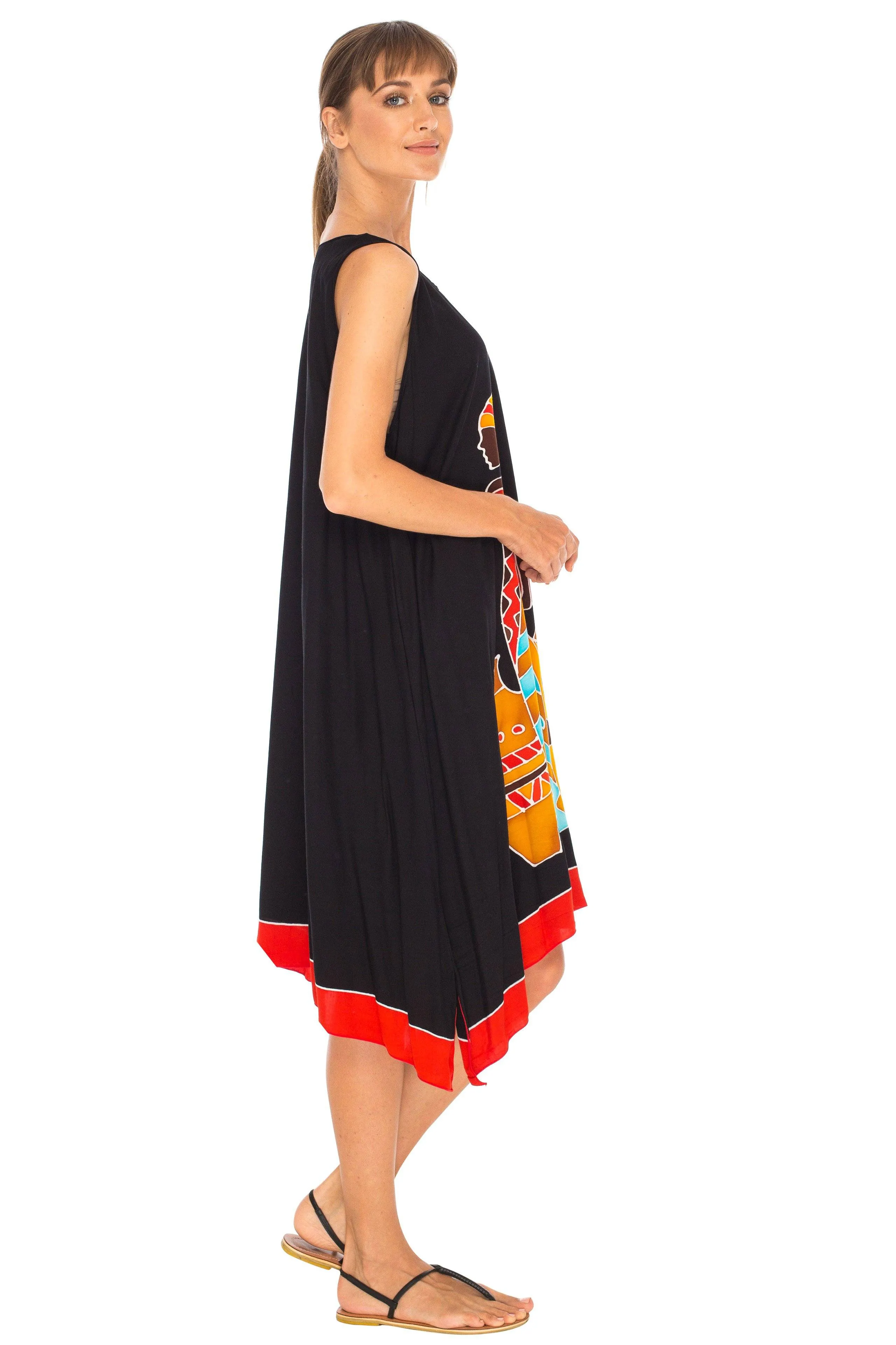 SHU-SHI Women's Poncho Dress | Hand Painted Tribal Design Beach Cover Up  Plus Size Short Swing Dress