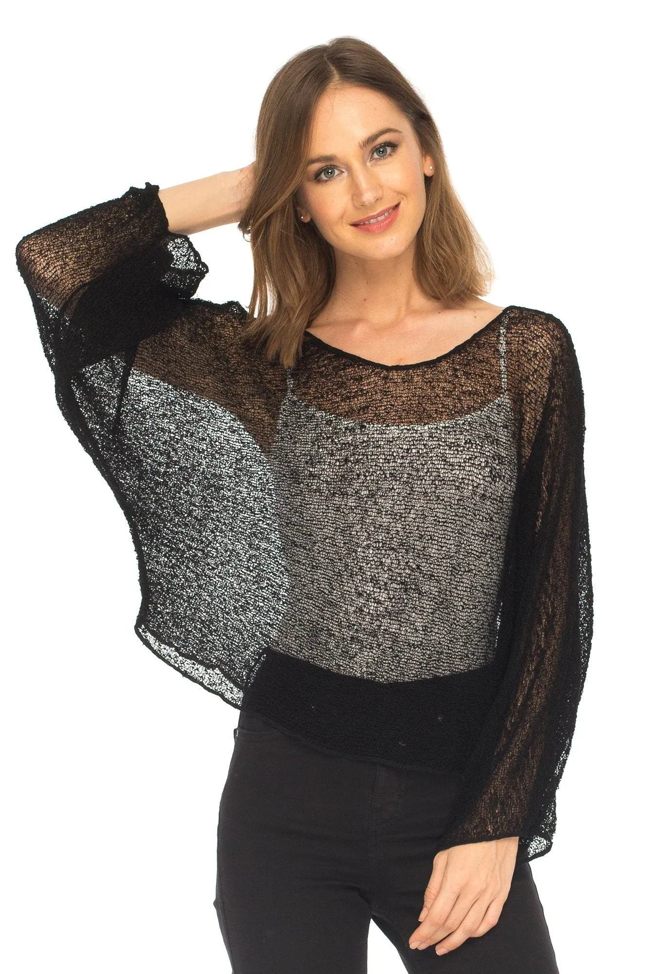 SHU-SHI Womens Sheer Blouse Top Knit Lightweight Shrug Sweater Poncho