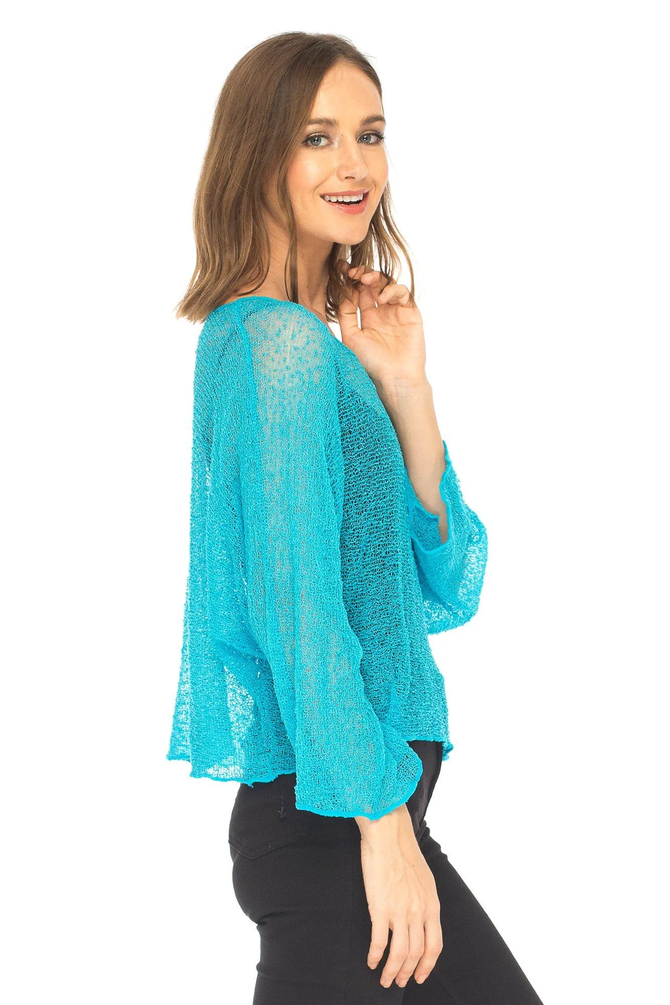 SHU-SHI Womens Sheer Blouse Top Knit Lightweight Shrug Sweater Poncho