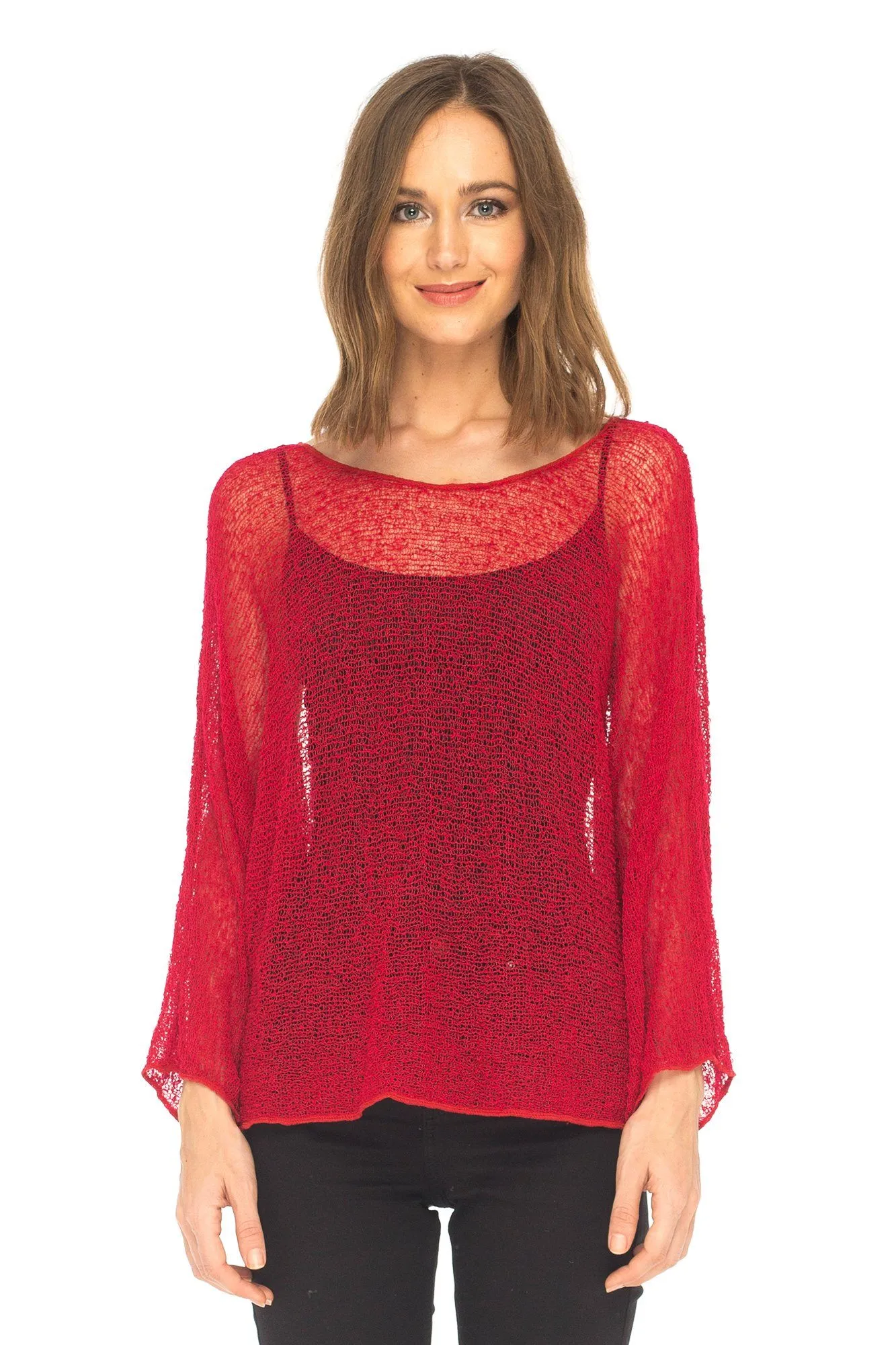 SHU-SHI Womens Sheer Blouse Top Knit Lightweight Shrug Sweater Poncho