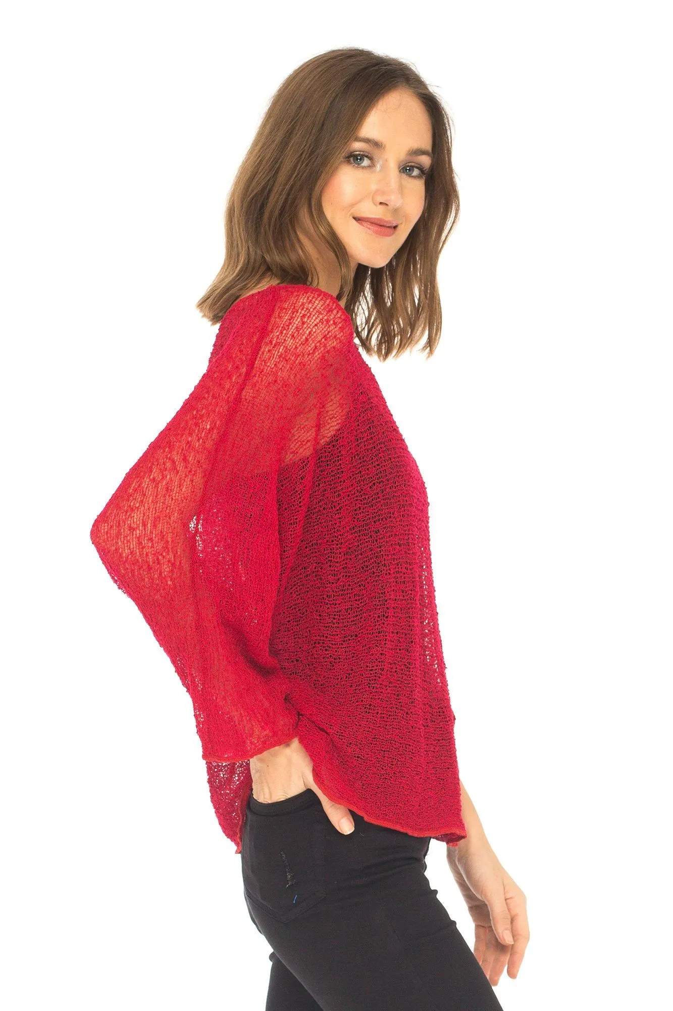 SHU-SHI Womens Sheer Blouse Top Knit Lightweight Shrug Sweater Poncho