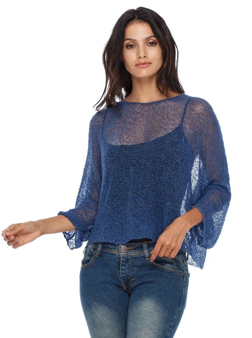 SHU-SHI Womens Sheer Blouse Top Knit Lightweight Shrug Sweater Poncho