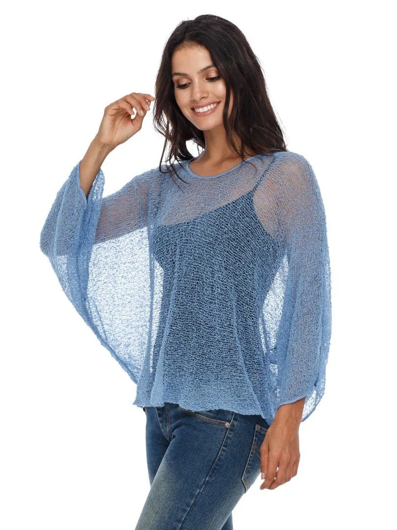 SHU-SHI Womens Sheer Blouse Top Knit Lightweight Shrug Sweater Poncho