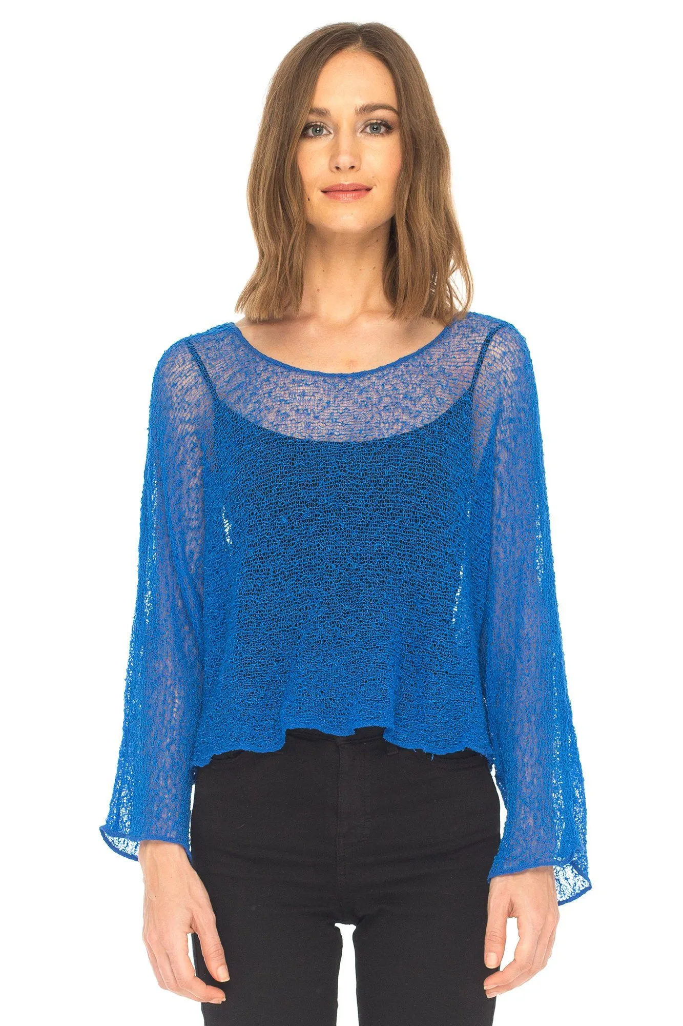 SHU-SHI Womens Sheer Blouse Top Knit Lightweight Shrug Sweater Poncho