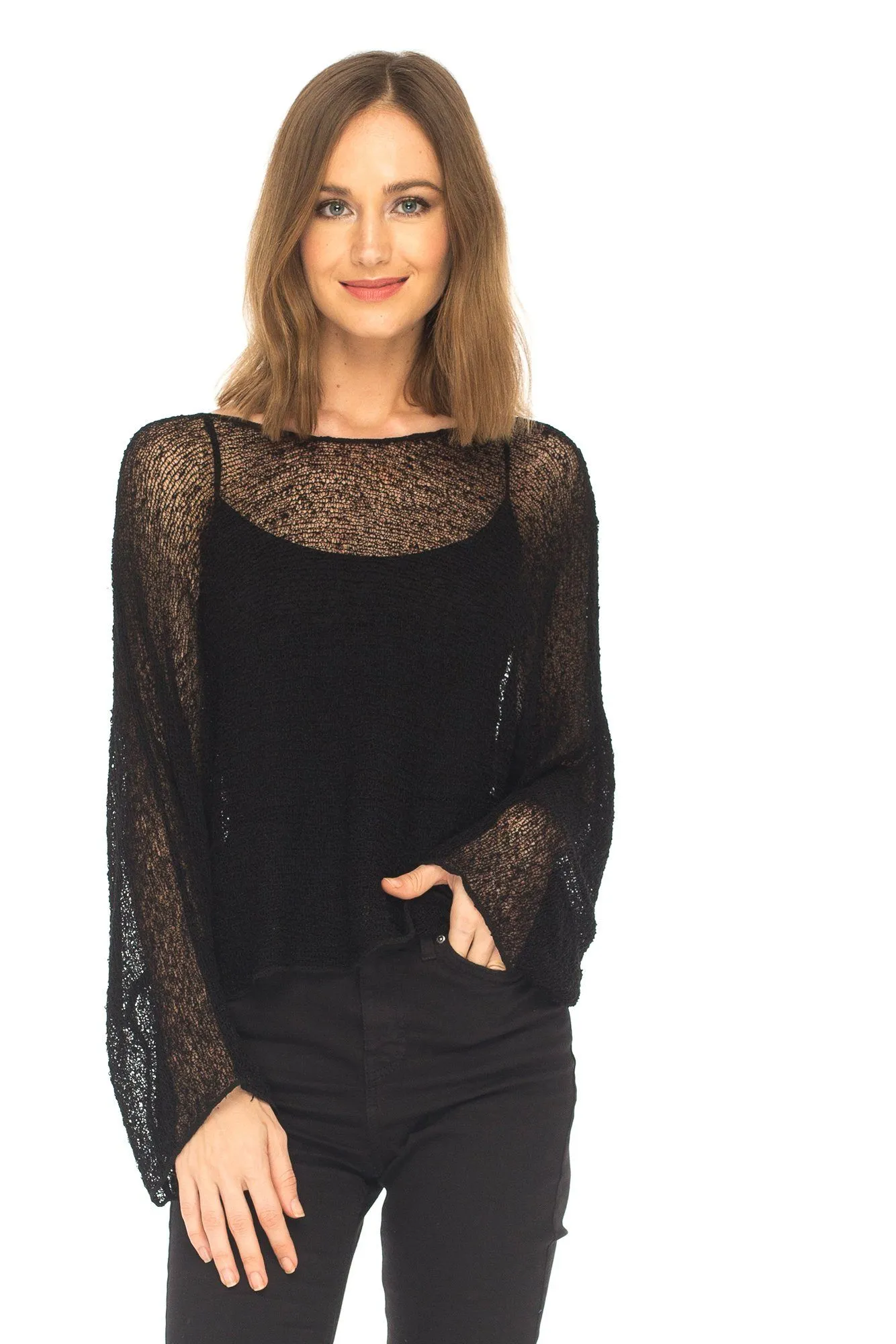 SHU-SHI Womens Sheer Blouse Top Knit Lightweight Shrug Sweater Poncho