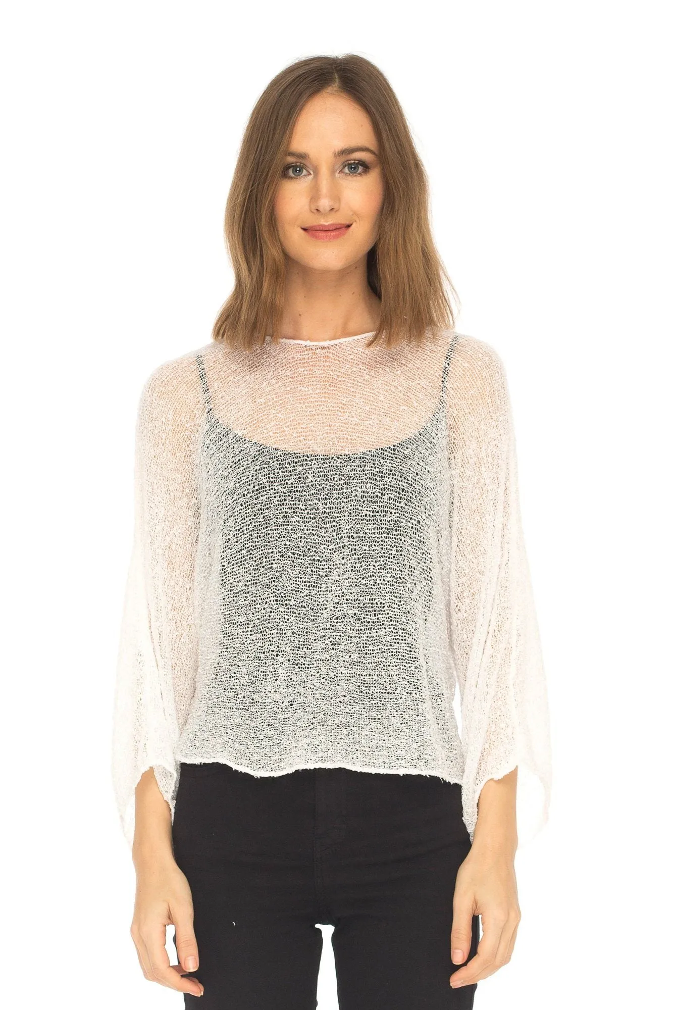 SHU-SHI Womens Sheer Blouse Top Knit Lightweight Shrug Sweater Poncho