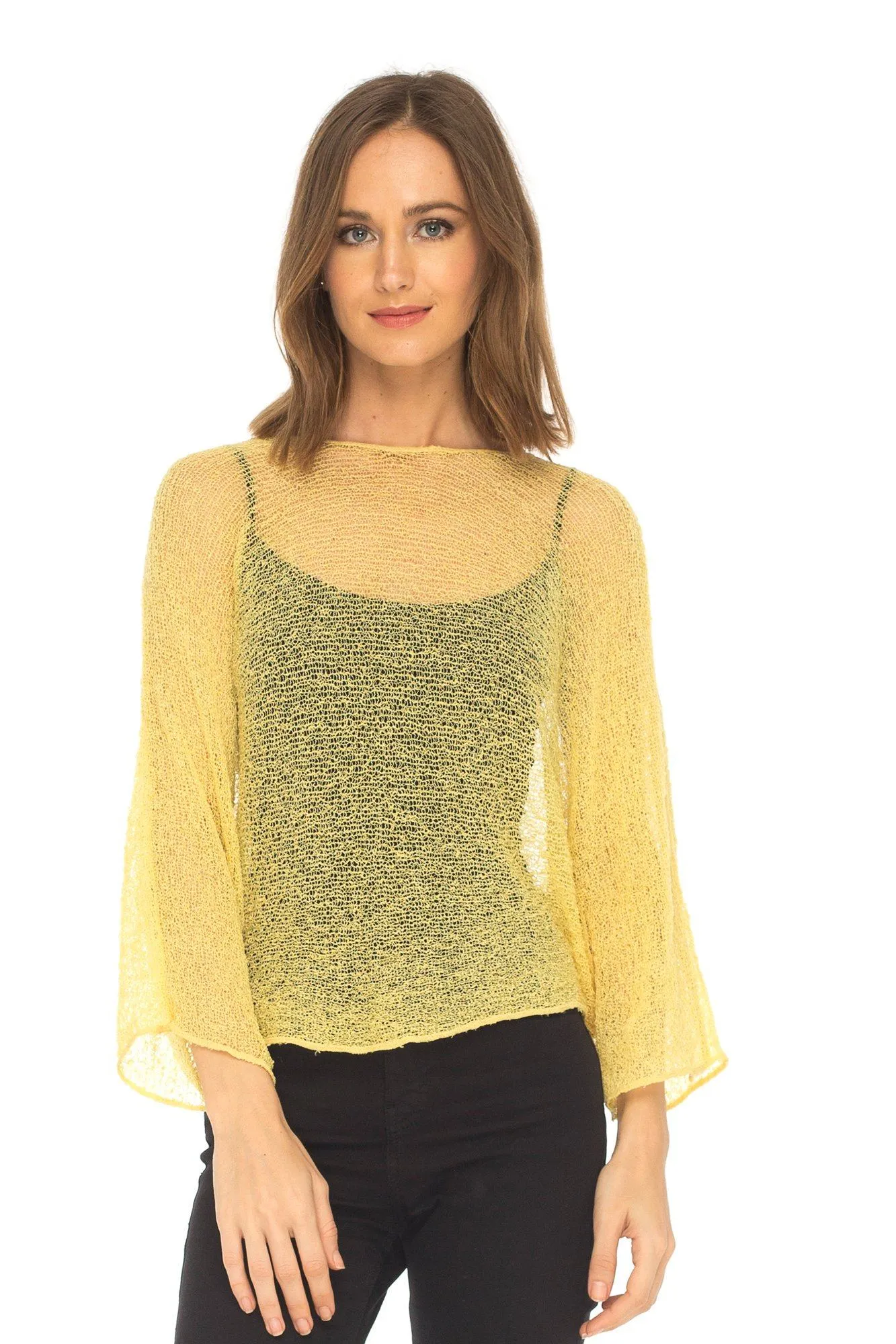 SHU-SHI Womens Sheer Blouse Top Knit Lightweight Shrug Sweater Poncho