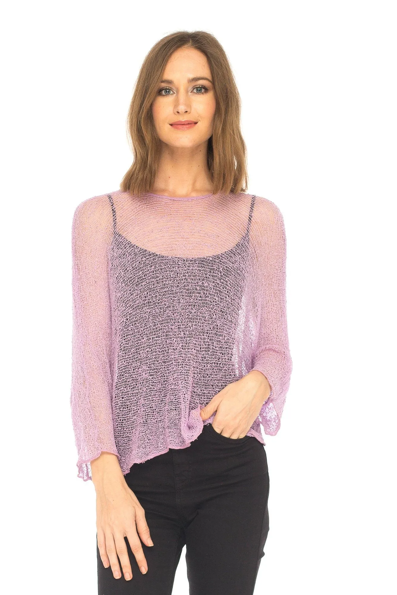 SHU-SHI Womens Sheer Blouse Top Knit Lightweight Shrug Sweater Poncho