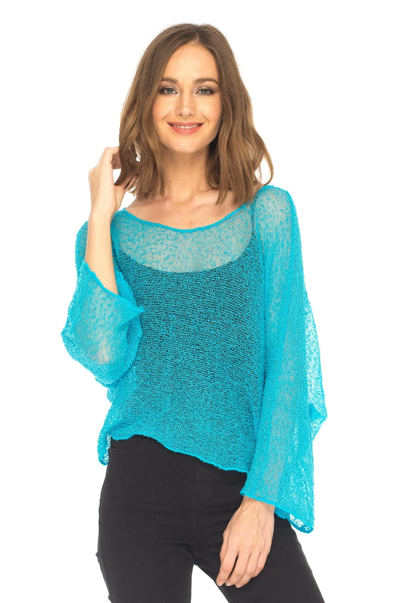 SHU-SHI Womens Sheer Blouse Top Knit Lightweight Shrug Sweater Poncho