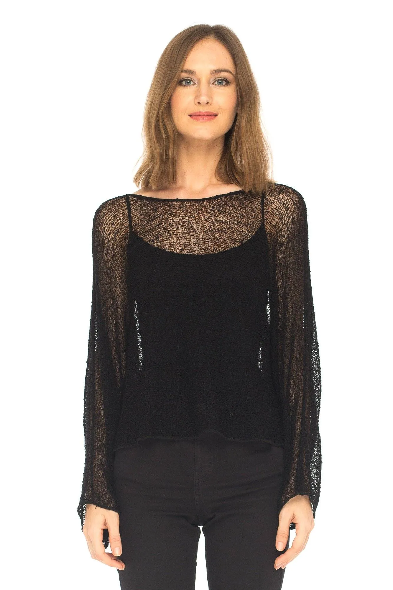 SHU-SHI Womens Sheer Blouse Top Knit Lightweight Shrug Sweater Poncho