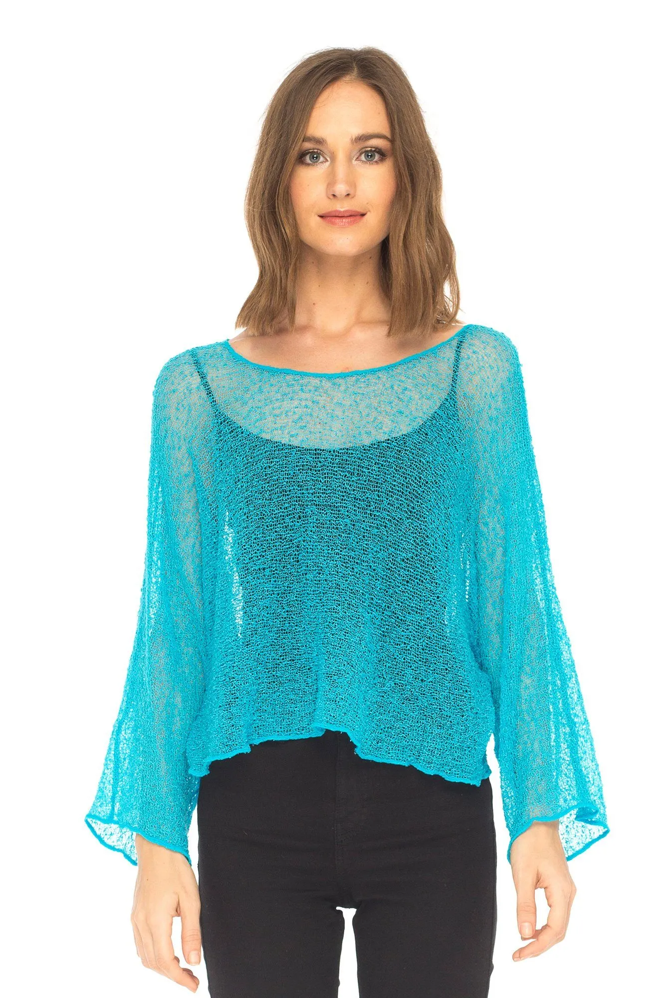 SHU-SHI Womens Sheer Blouse Top Knit Lightweight Shrug Sweater Poncho