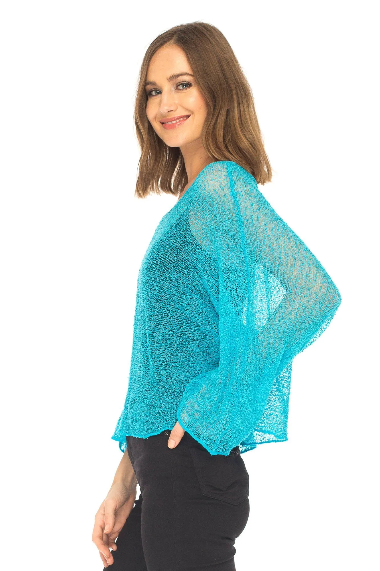 SHU-SHI Womens Sheer Blouse Top Knit Lightweight Shrug Sweater Poncho