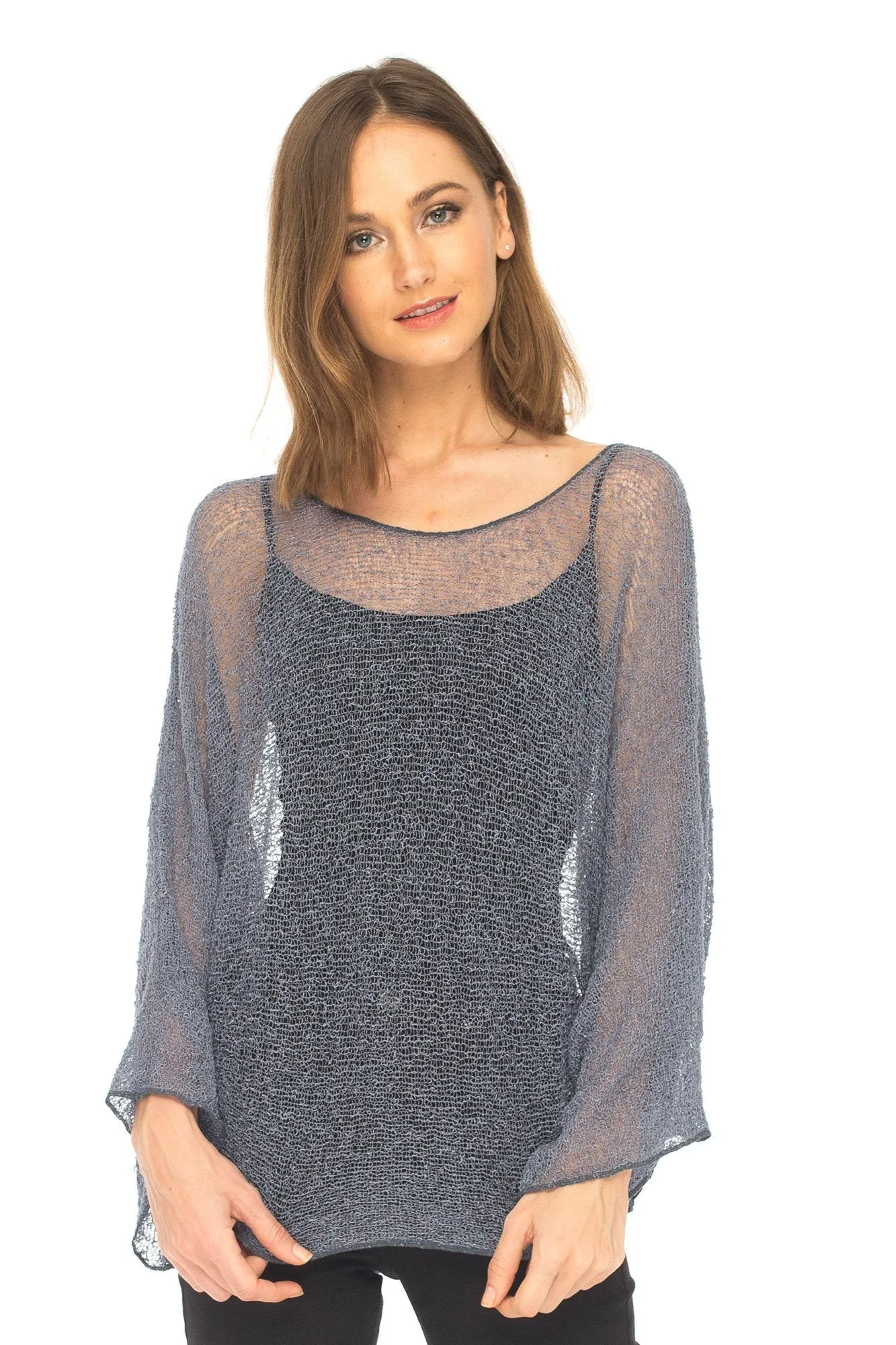 SHU-SHI Womens Sheer Blouse Top Knit Lightweight Shrug Sweater Poncho