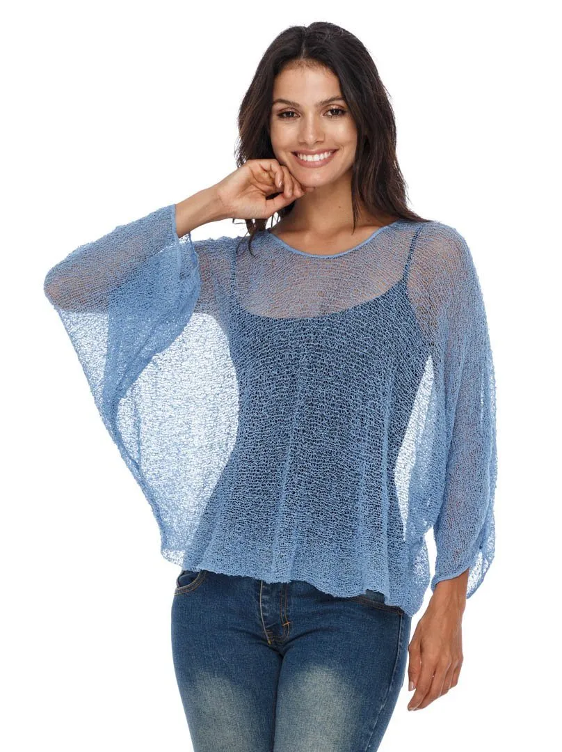 SHU-SHI Womens Sheer Blouse Top Knit Lightweight Shrug Sweater Poncho