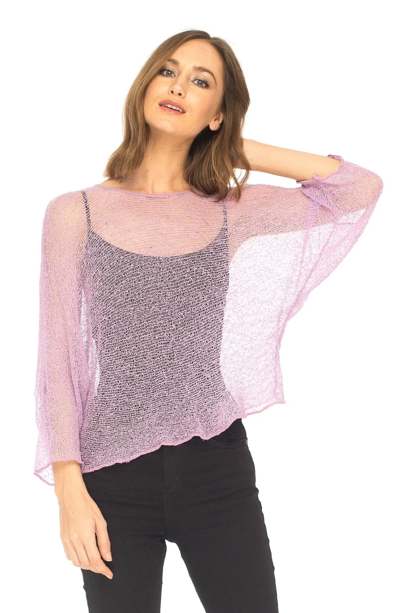 SHU-SHI Womens Sheer Blouse Top Knit Lightweight Shrug Sweater Poncho