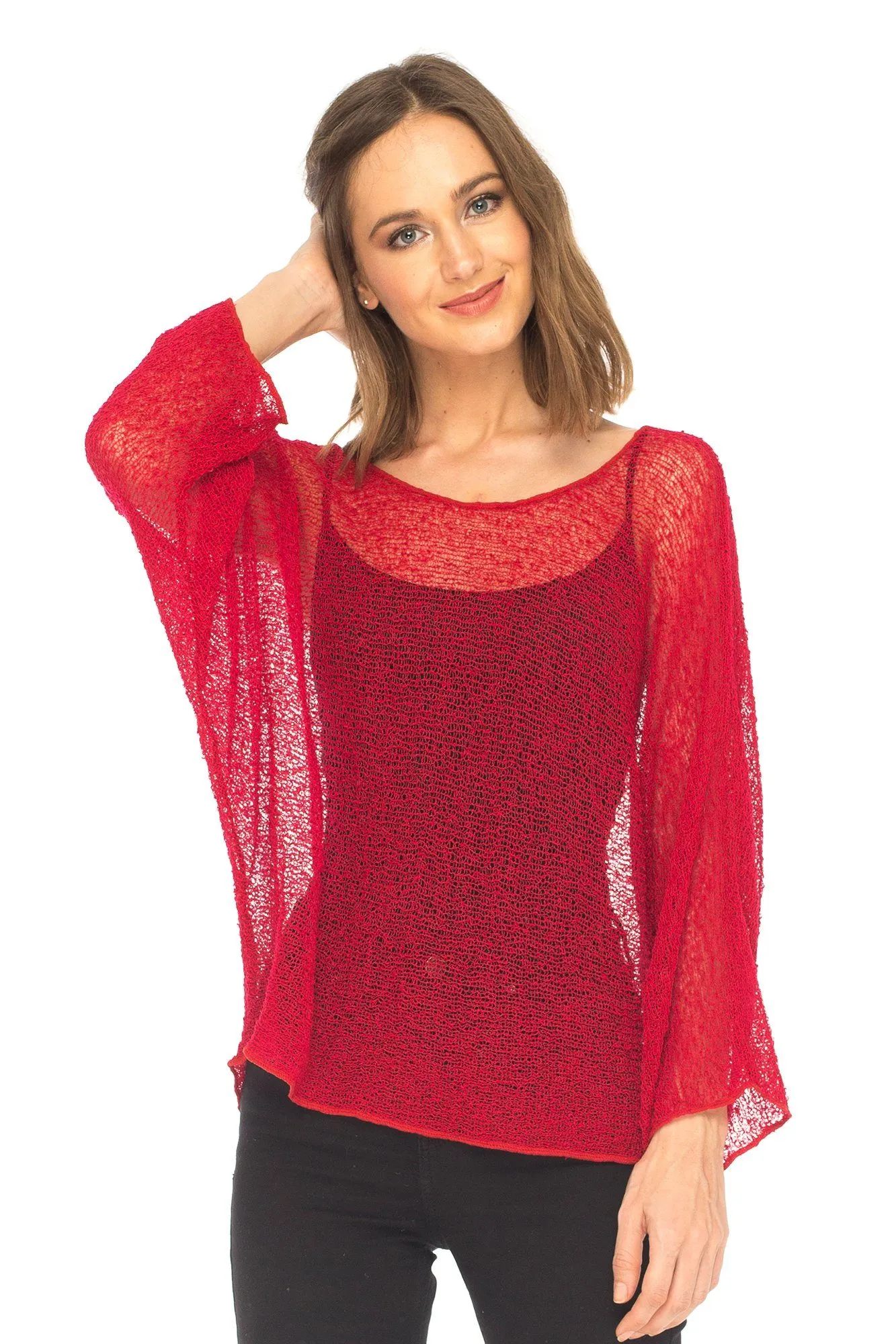 SHU-SHI Womens Sheer Blouse Top Knit Lightweight Shrug Sweater Poncho