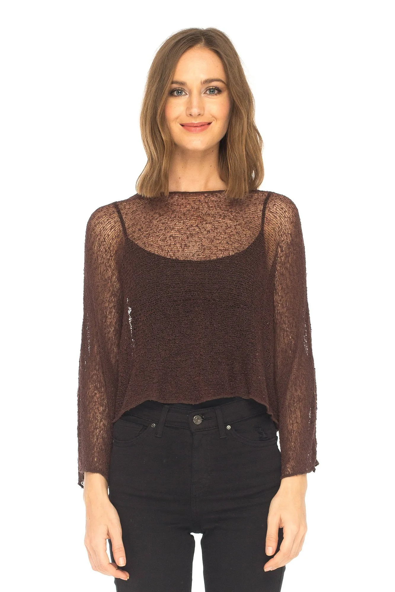 SHU-SHI Womens Sheer Blouse Top Knit Lightweight Shrug Sweater Poncho