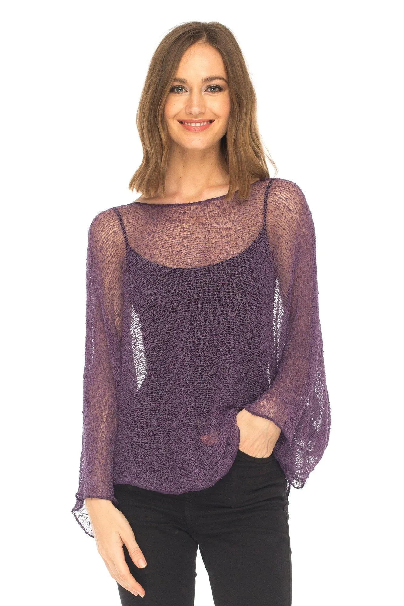 SHU-SHI Womens Sheer Blouse Top Knit Lightweight Shrug Sweater Poncho