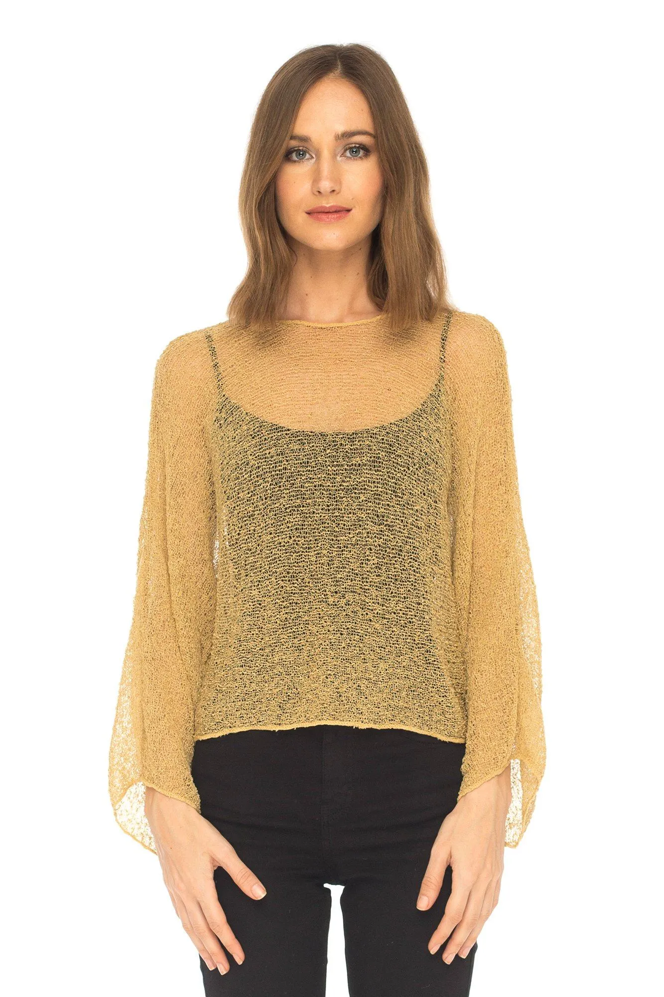 SHU-SHI Womens Sheer Blouse Top Knit Lightweight Shrug Sweater Poncho