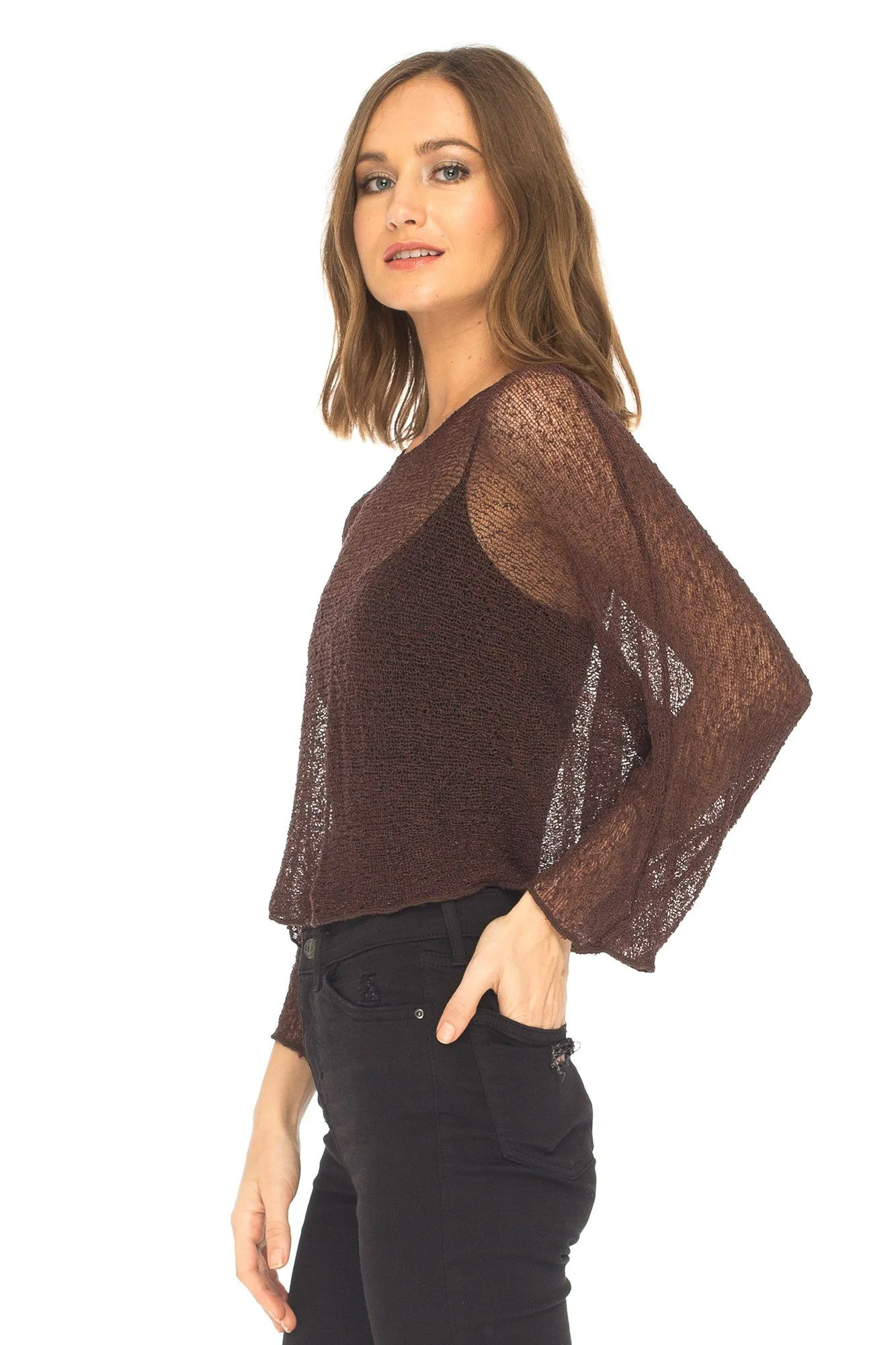 SHU-SHI Womens Sheer Blouse Top Knit Lightweight Shrug Sweater Poncho