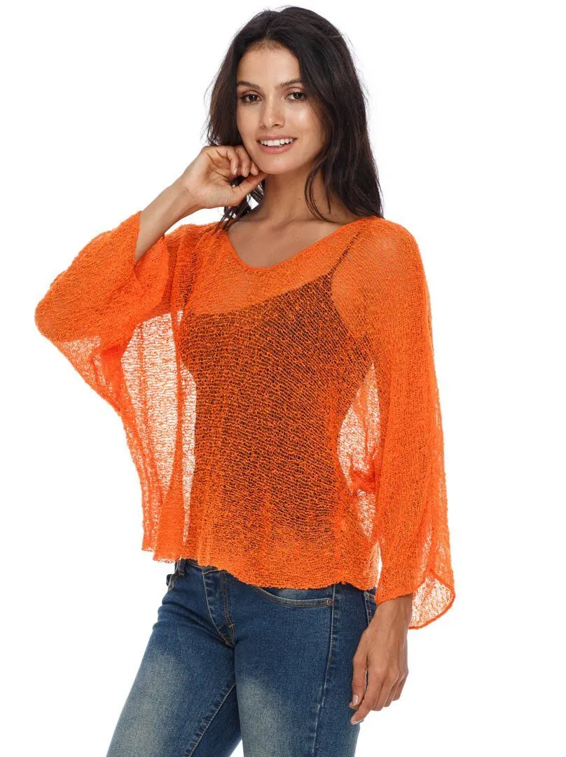 SHU-SHI Womens Sheer Blouse Top Knit Lightweight Shrug Sweater Poncho