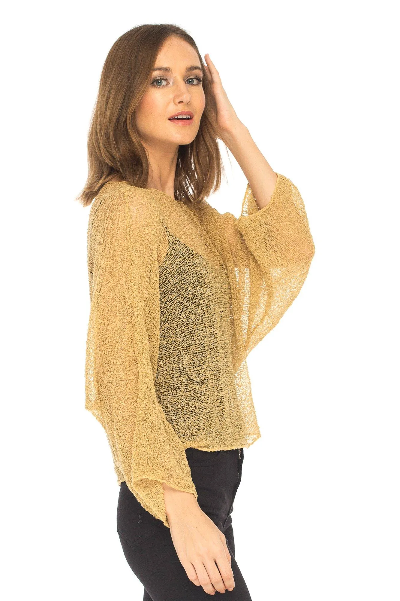 SHU-SHI Womens Sheer Blouse Top Knit Lightweight Shrug Sweater Poncho