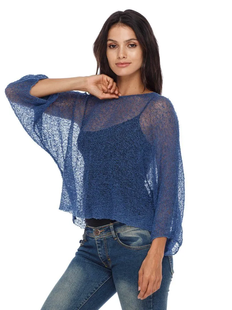 SHU-SHI Womens Sheer Blouse Top Knit Lightweight Shrug Sweater Poncho