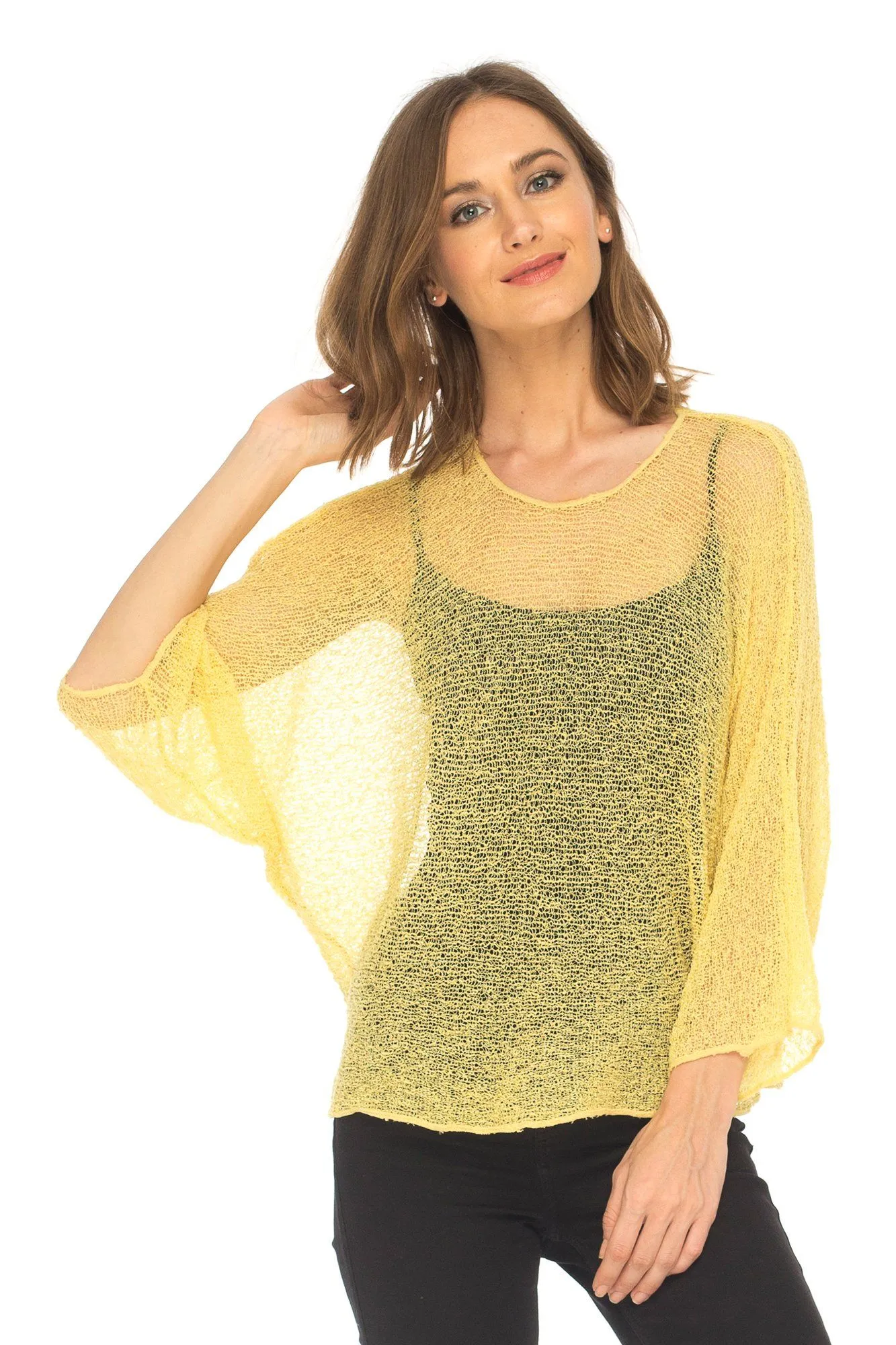 SHU-SHI Womens Sheer Blouse Top Knit Lightweight Shrug Sweater Poncho