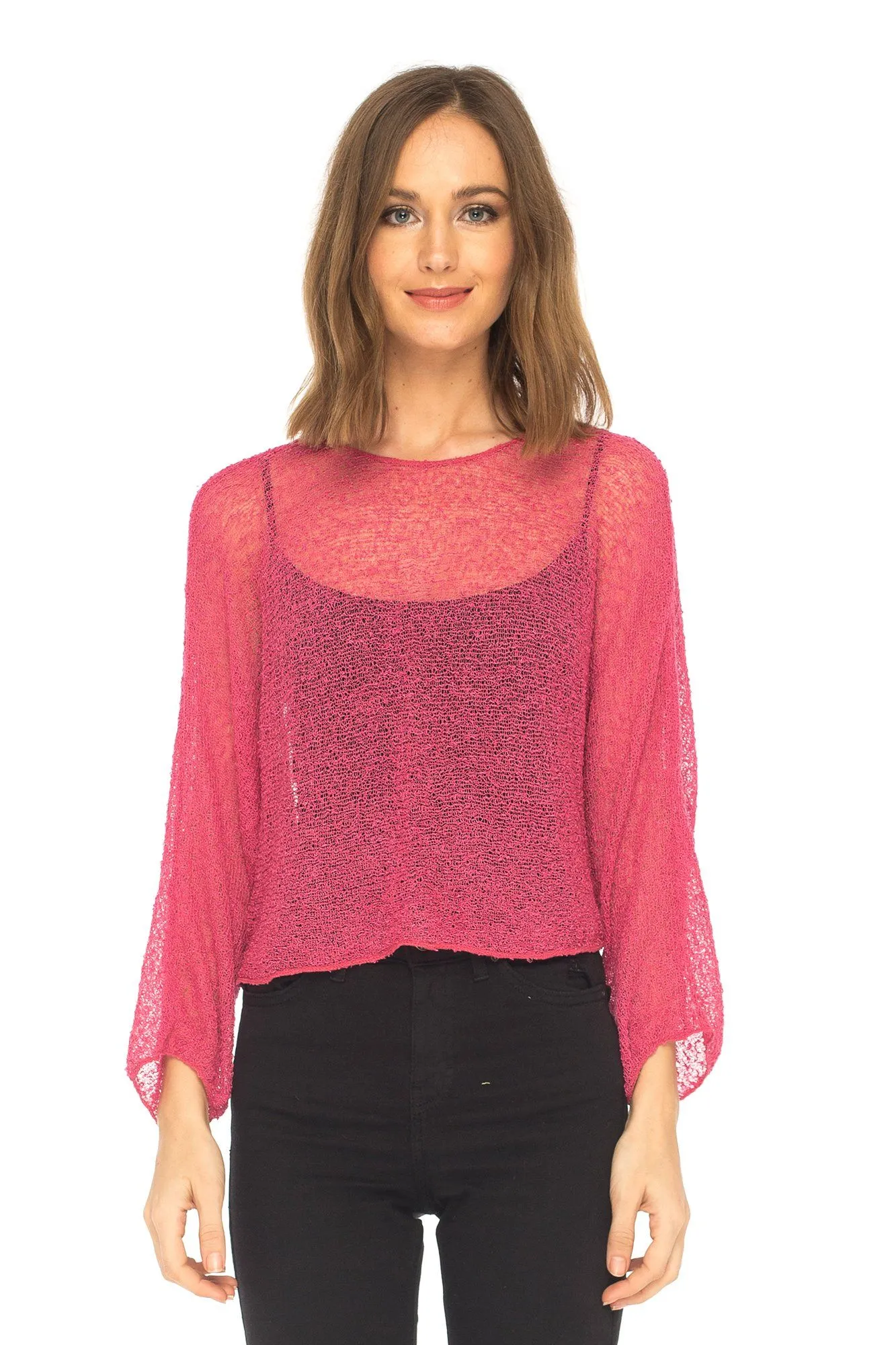 SHU-SHI Womens Sheer Blouse Top Knit Lightweight Shrug Sweater Poncho